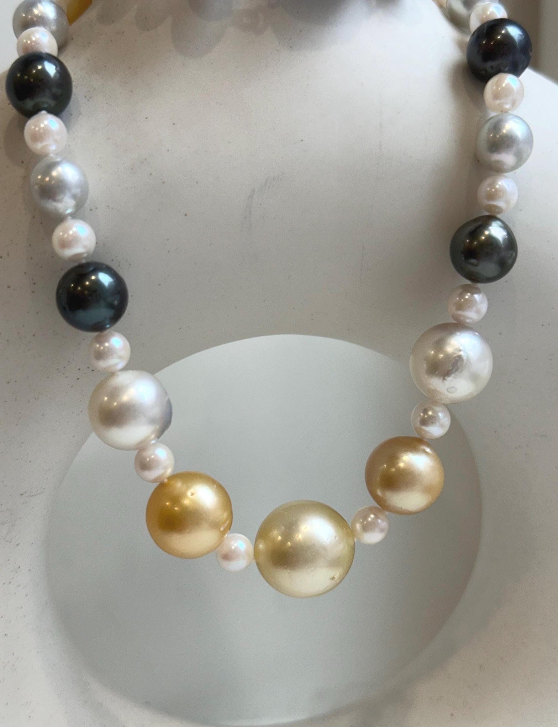 Elly’s 55pcs Multicolor ocean pearls necklace:Extreme luster mirrored, knotted, 18.7”, S925 silver necklace strand. high quality multicolor ocean pearls necklace strand