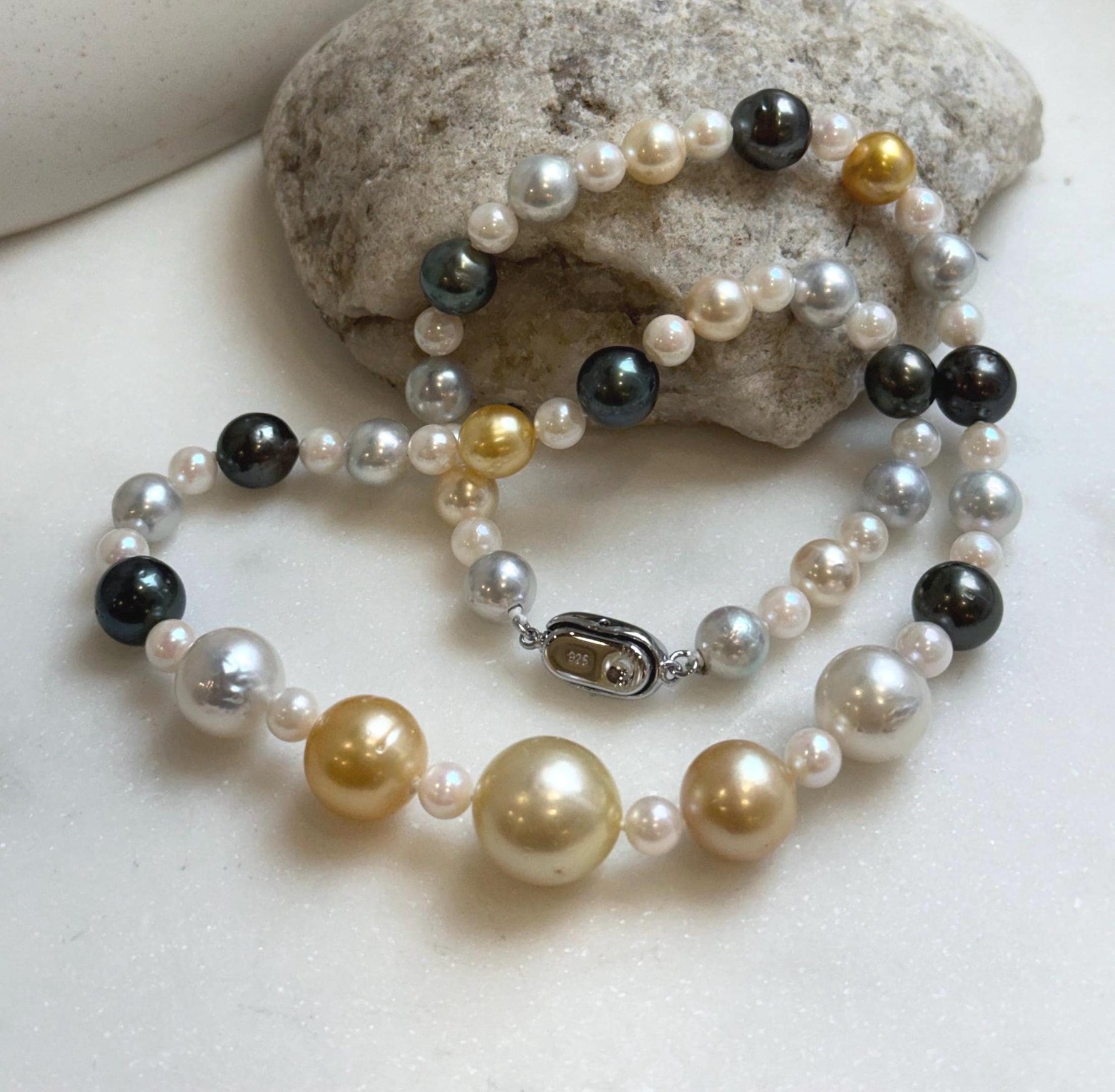 Elly’s 55pcs Multicolor ocean pearls necklace:Extreme luster mirrored, knotted, 18.7”, S925 silver necklace strand. high quality multicolor ocean pearls necklace strand