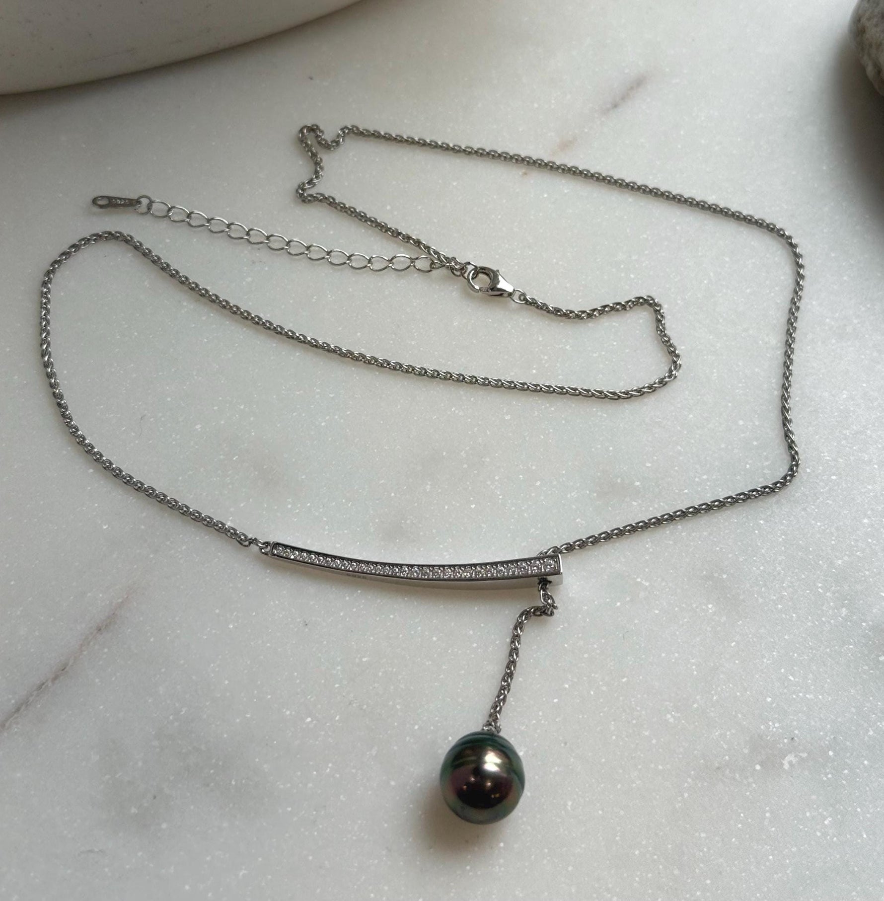 Elly’s 10.2mm Genius Tahitian peacock green ocean pearl Pendant: Extreme luster mirrored, to 20”, s925 silver minimalist pendant chain set.
