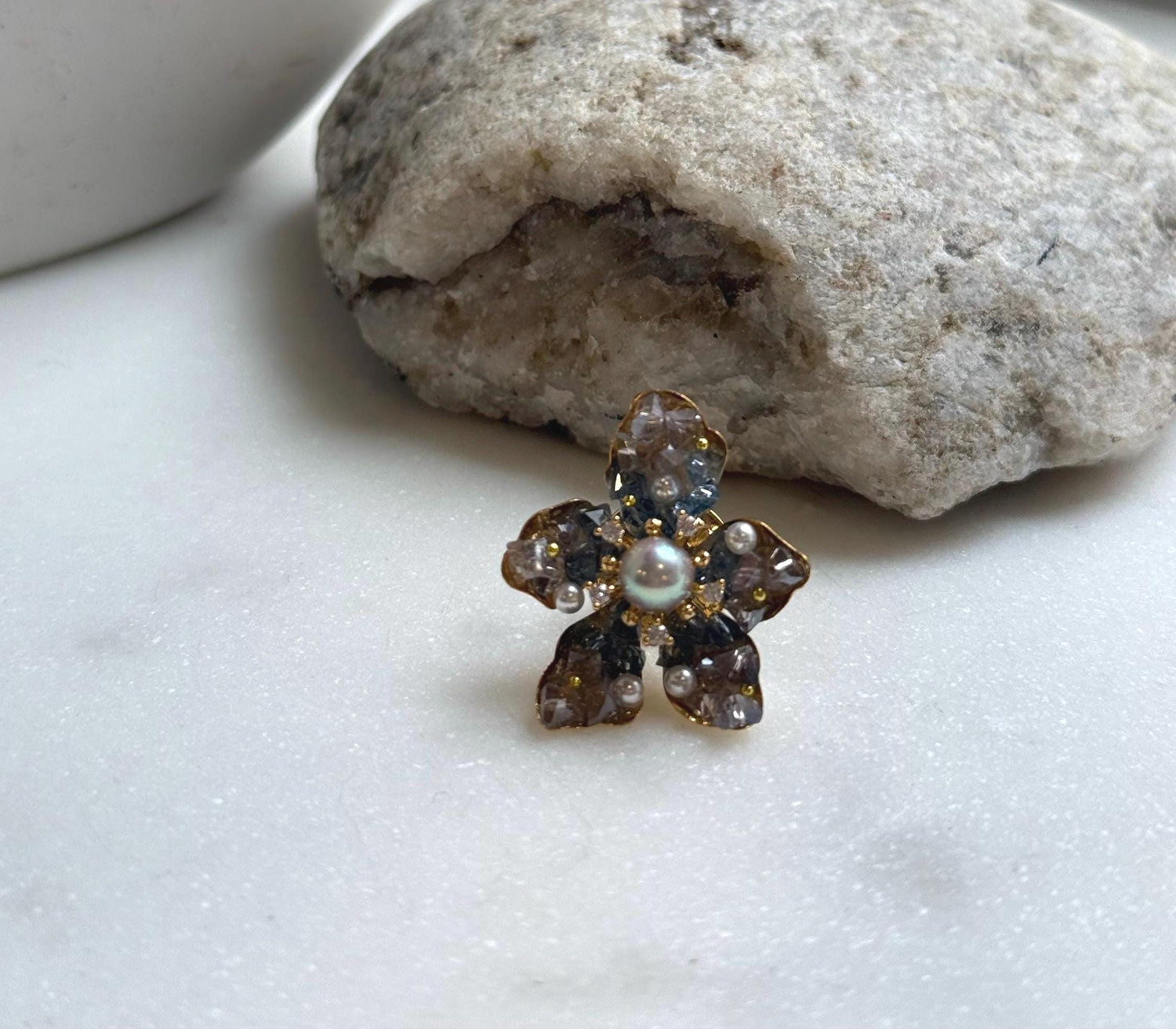 Elly’s Akoya blue silver Ocean Pearl Floral Brooch Pendant 2in1: Extreme luster mirrored, 5mm, gift for her