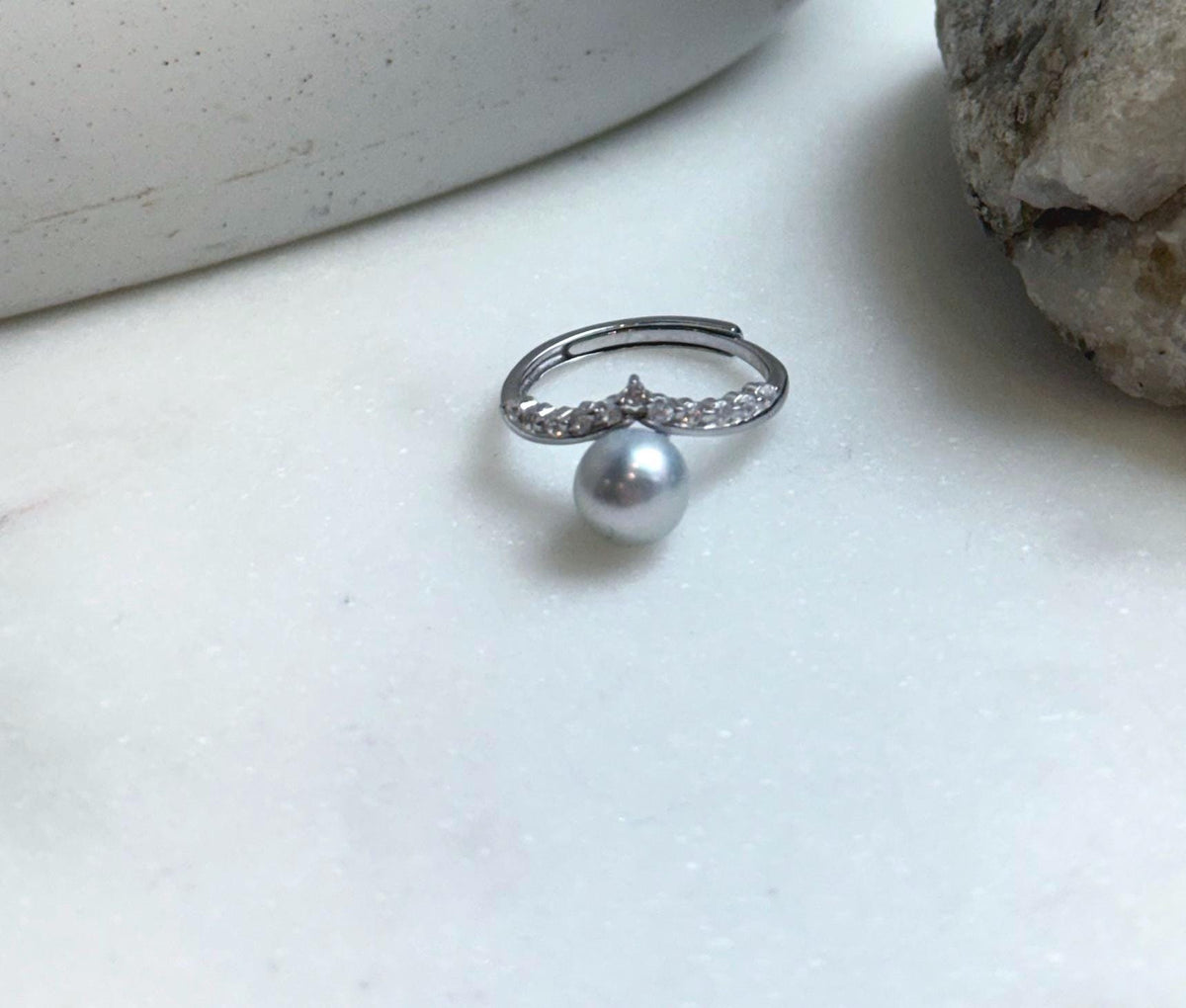 Elly’s 7mm Akoya blue silver ocean pearl Ring: Extreme luster mirrored, s925 silver adjustable ring. Pearl Jewelry Idea. high quality daily office pearl ring