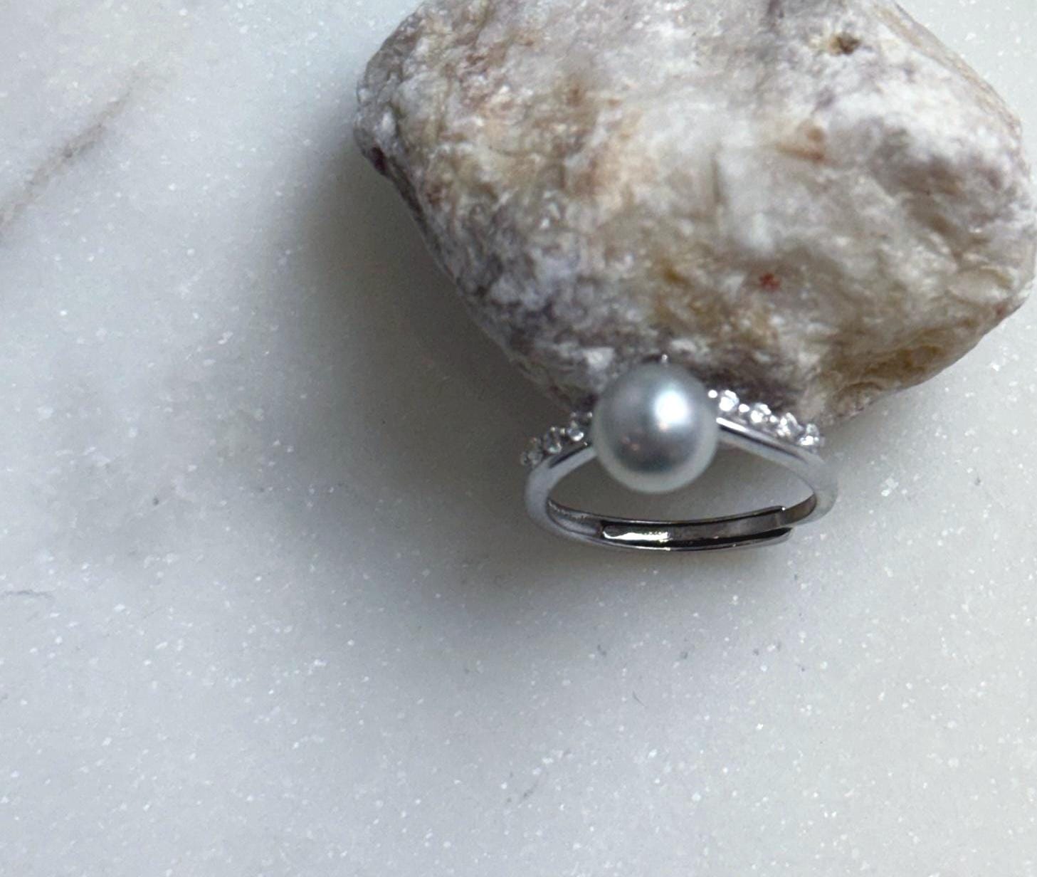 Elly’s 7mm Akoya blue silver ocean pearl Ring: Extreme luster mirrored, s925 silver adjustable ring. Pearl Jewelry Idea. high quality daily office pearl ring
