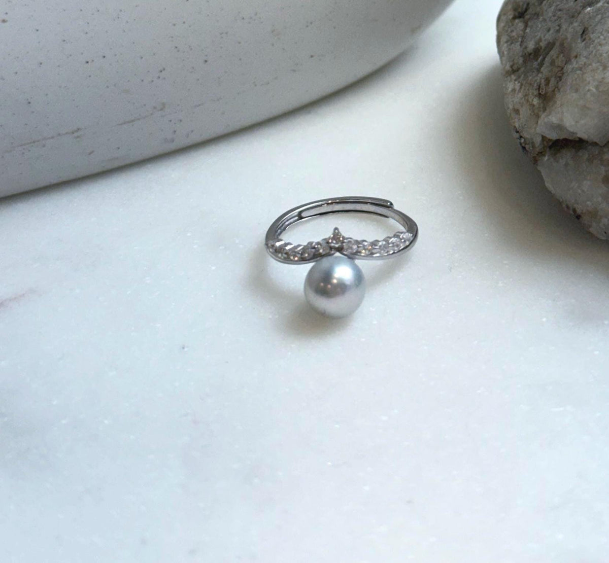 Elly’s 7mm Akoya blue silver ocean pearl Ring: Extreme luster mirrored, s925 silver adjustable ring. Pearl Jewelry Idea. high quality daily office pearl ring