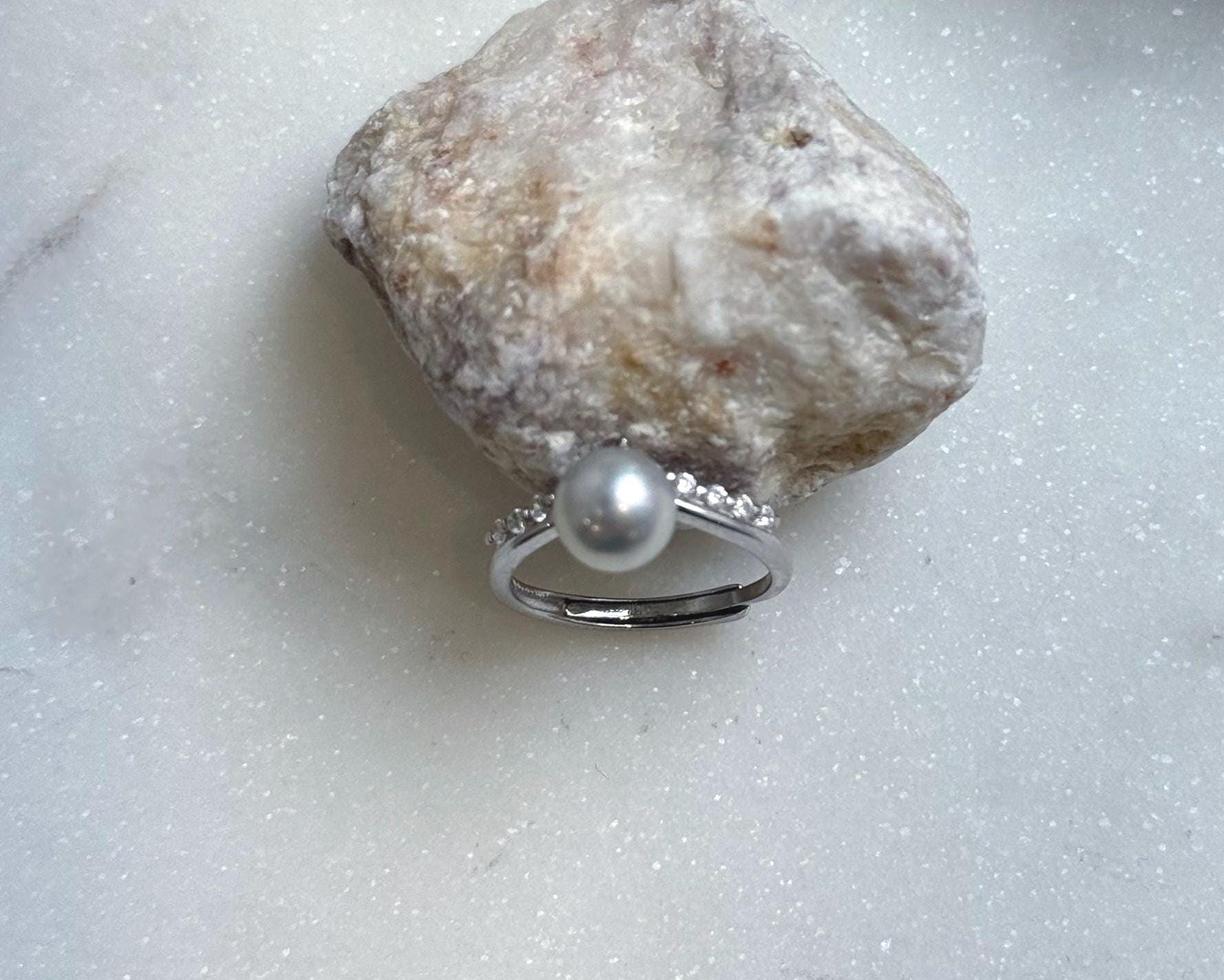 Elly’s 7mm Akoya blue silver ocean pearl Ring: Extreme luster mirrored, s925 silver adjustable ring. Pearl Jewelry Idea. high quality daily office pearl ring