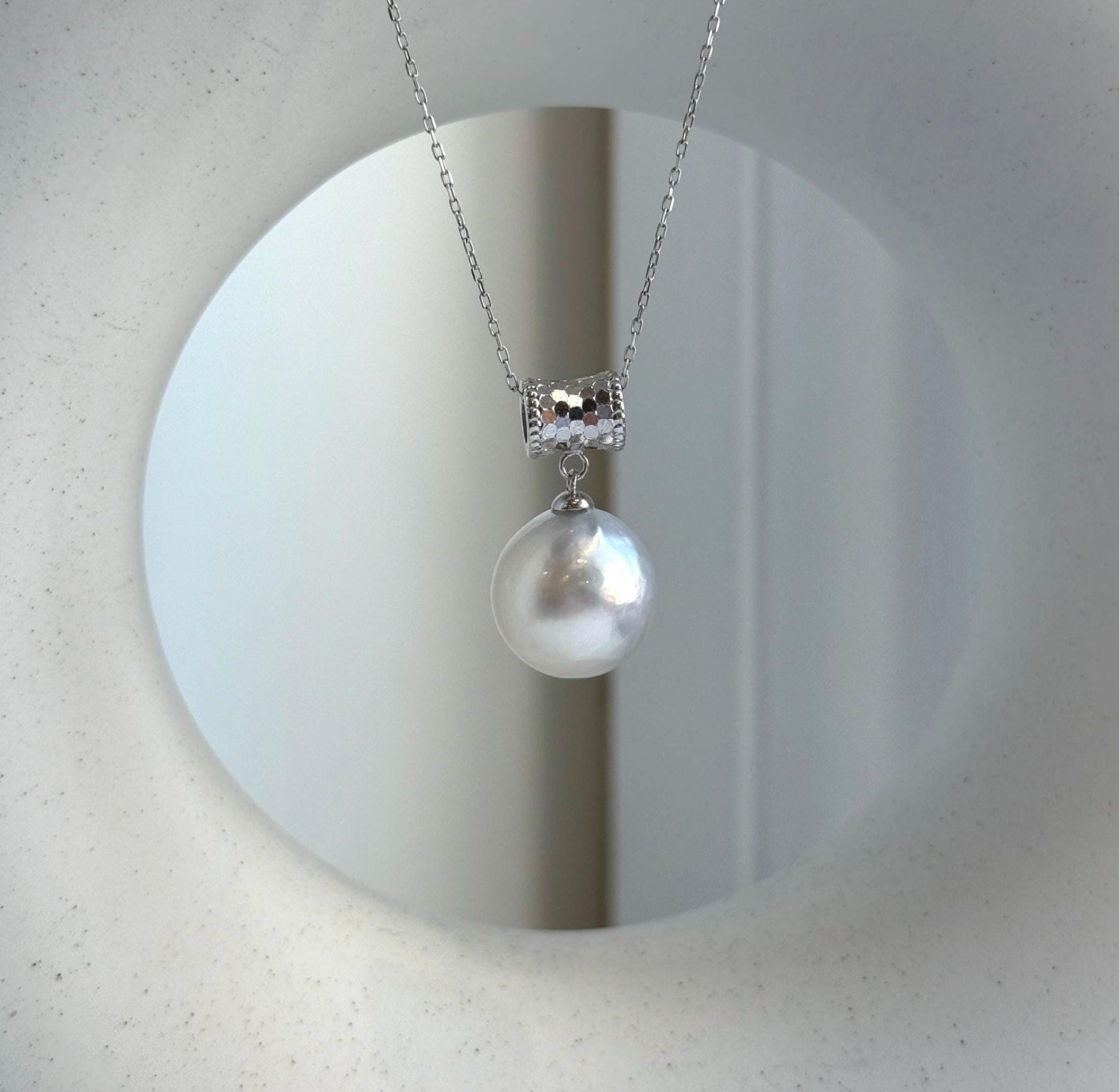 Elly’s 13.4mm Genius Australian Ocean White silver pearl Pendant: Extreme luster mirrored, 2.5cm high, S925 Silver pendant necklace set. high quality white ocean pearl pendant for her birthday anniversary daily office wear