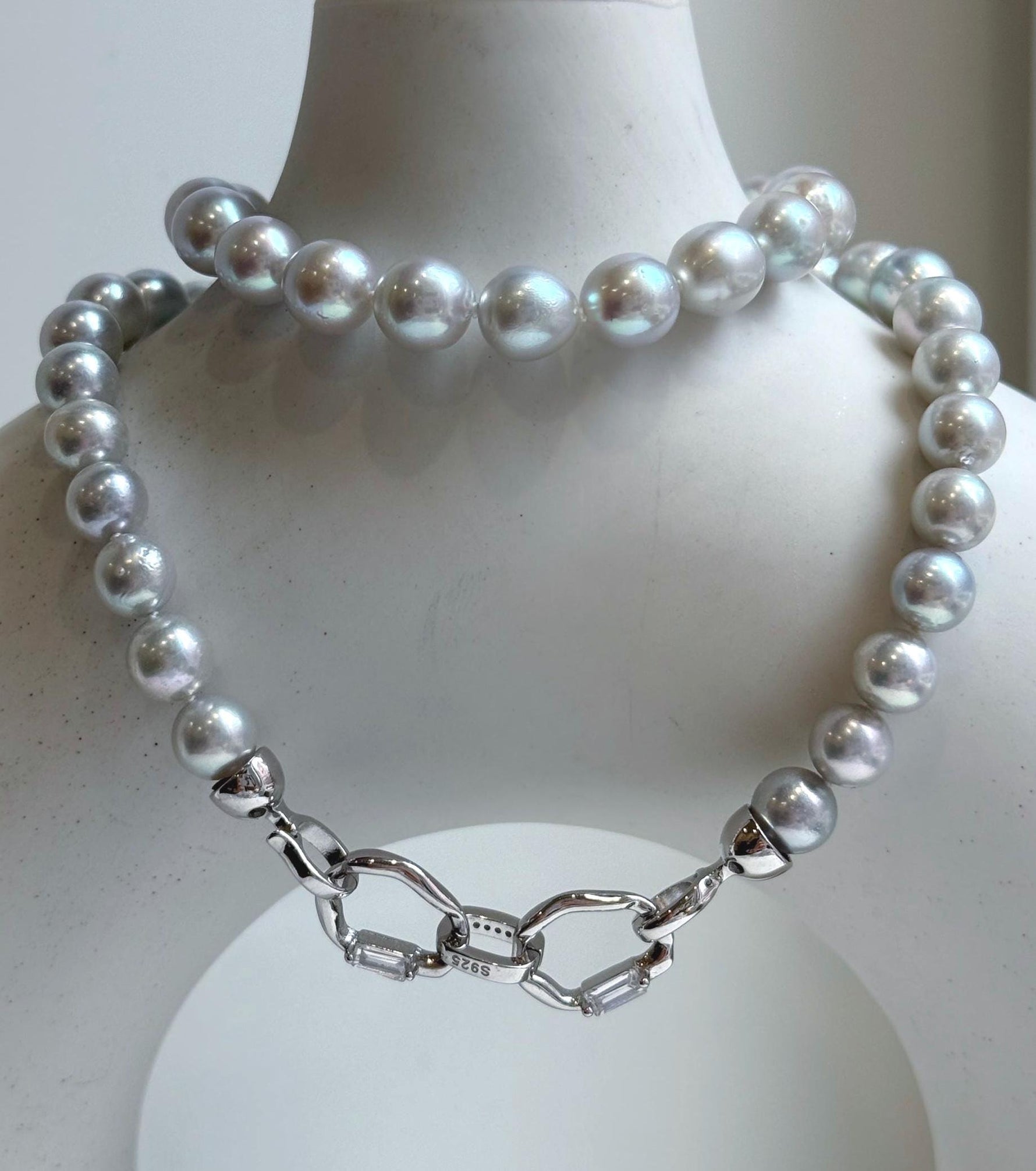 Elly’s 49pcs 7.4-8.4mm Akoya natural blue silver ocean pearls necklace strand, extreme luster mirrored, 18.5” knotted, S925 silver necklace. high quality Akoya pearls necklace strand for her birthday