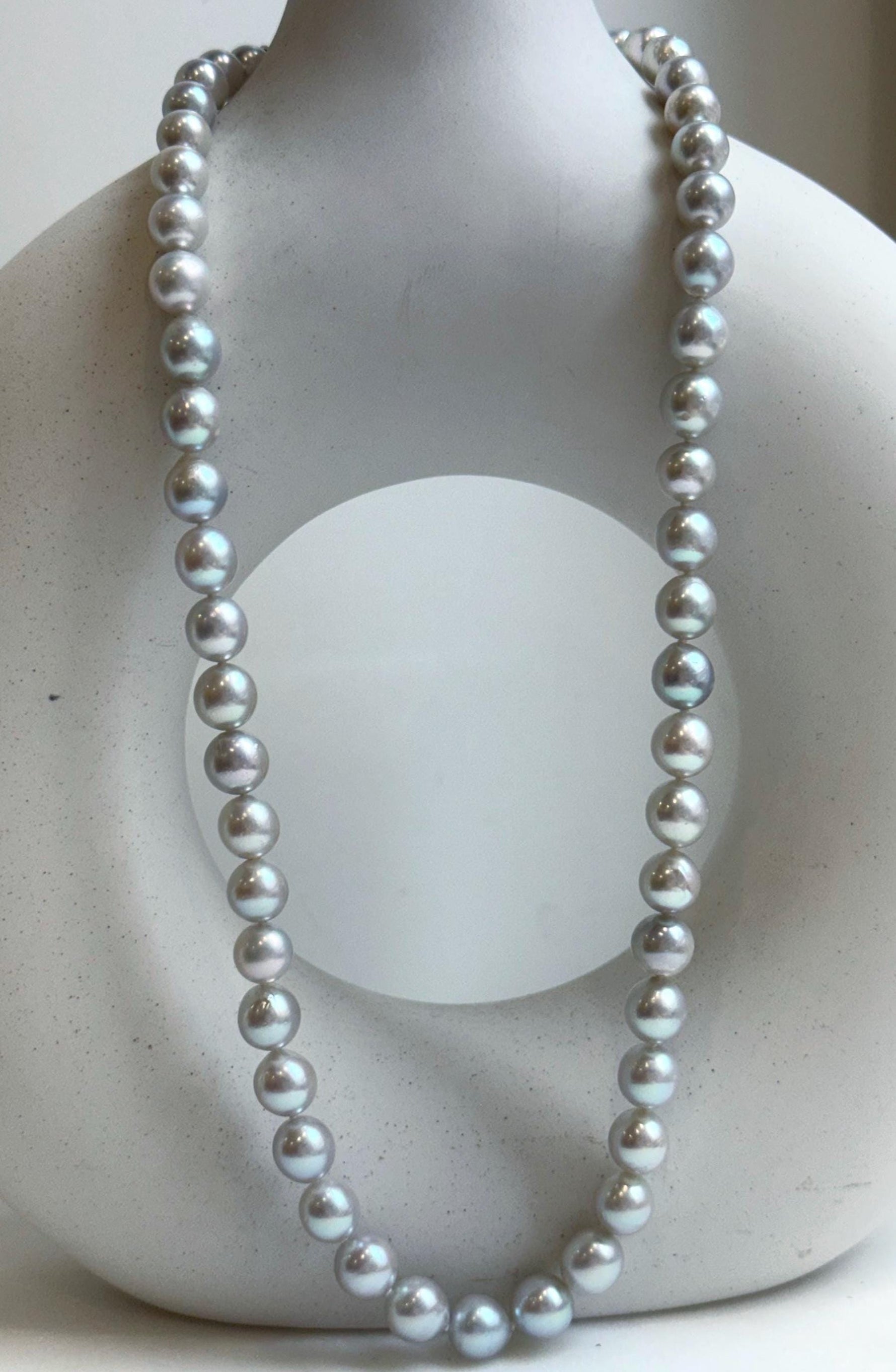 Elly’s 49pcs 7.4-8.4mm Akoya natural blue silver ocean pearls necklace strand, extreme luster mirrored, 18.5” knotted, S925 silver necklace. high quality Akoya pearls necklace strand for her