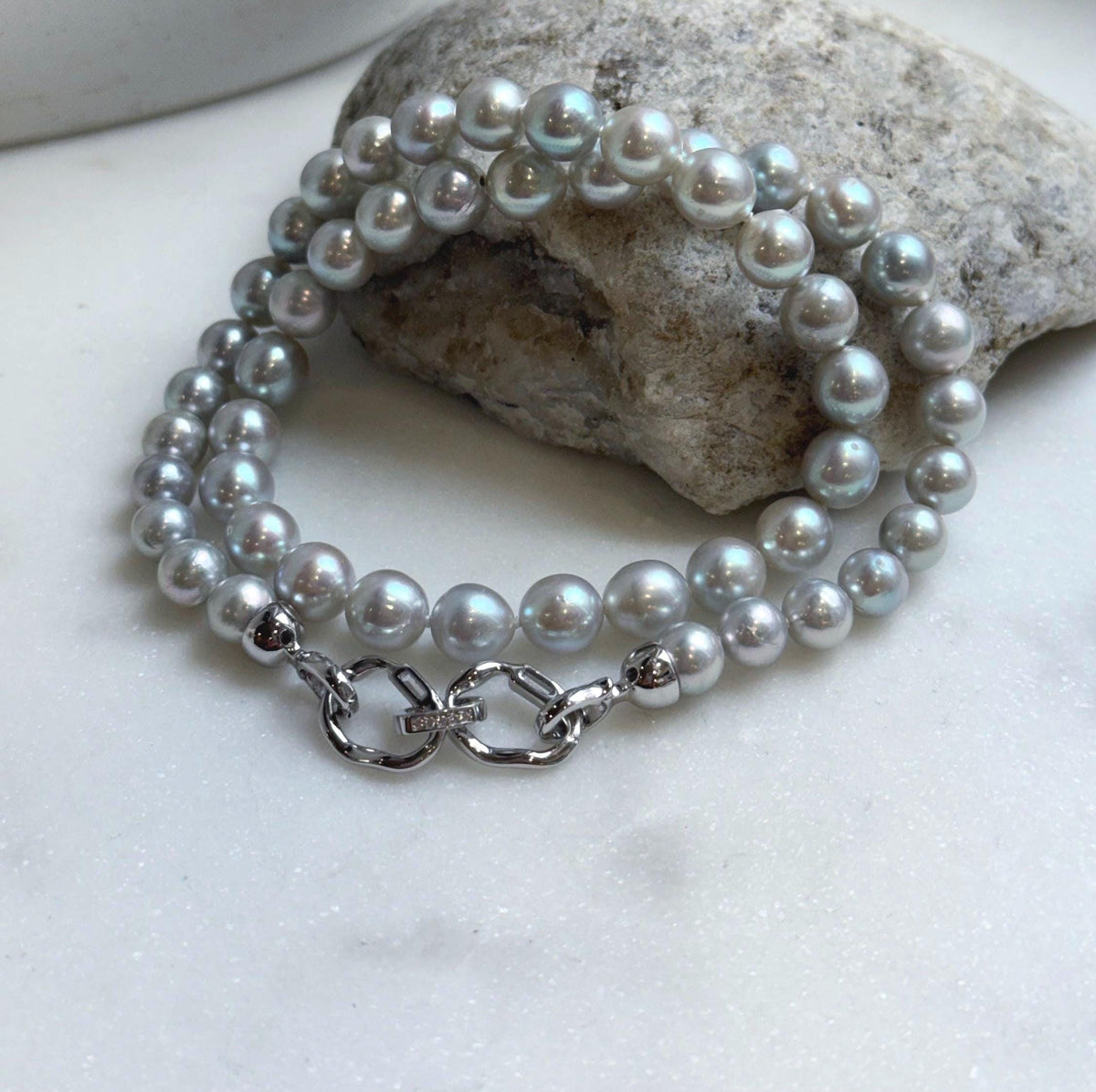 Elly’s 49pcs 7.4-8.4mm Akoya natural blue silver ocean pearls necklace strand, extreme luster mirrored, 18.5” knotted, S925 silver necklace. high quality Akoya pearls necklace strand for her