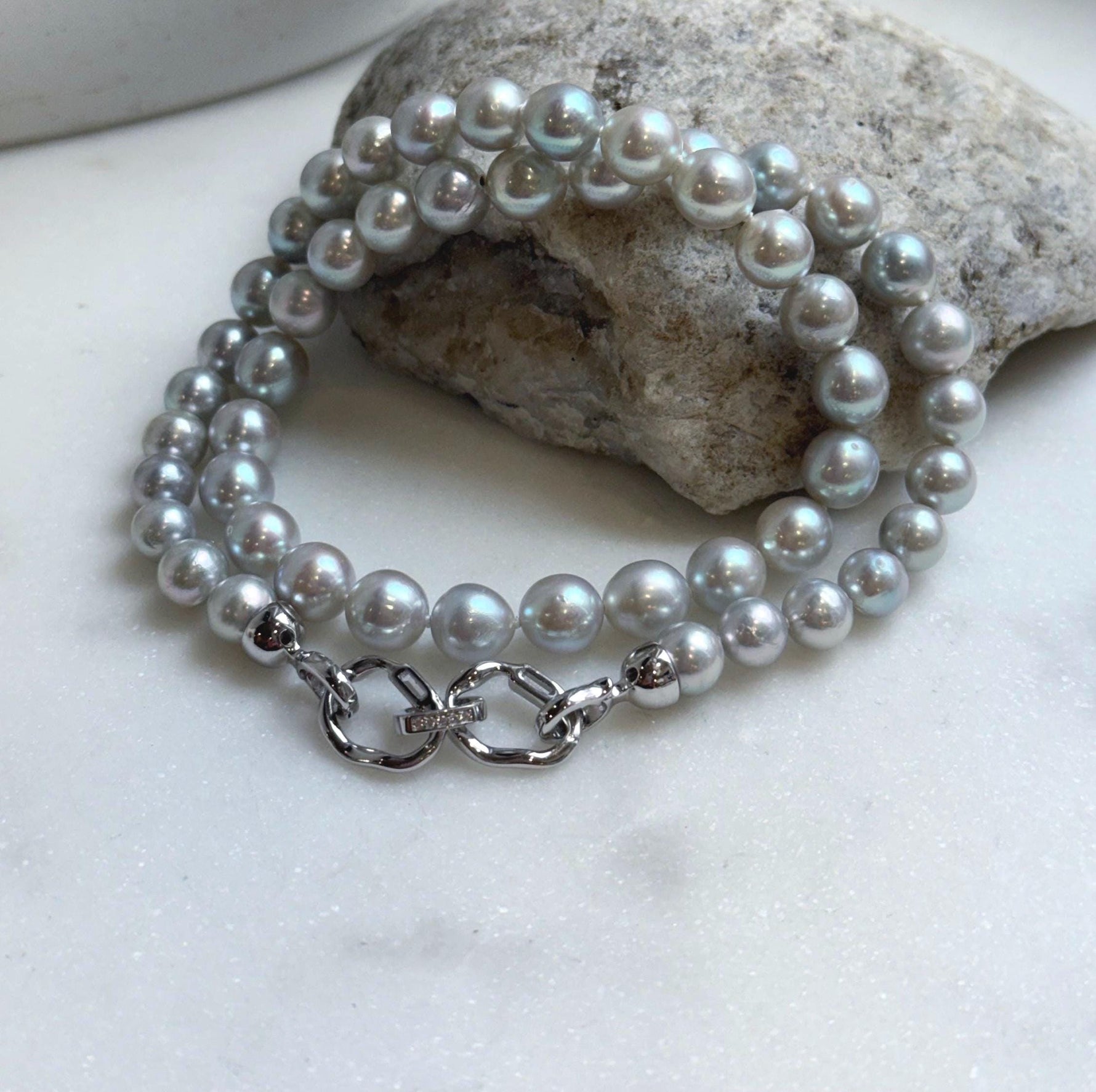 Elly’s 49pcs 7.4-8.4mm Akoya natural blue silver ocean pearls necklace strand, extreme luster mirrored, 18.5” knotted, S925 silver necklace. high quality Akoya pearls necklace strand for her