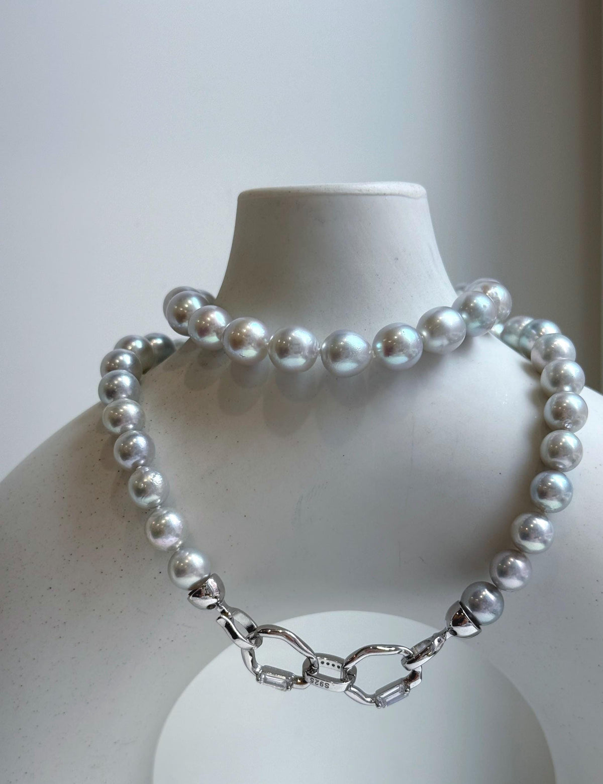 Elly’s 49pcs 7.4-8.4mm Akoya natural blue silver ocean pearls necklace strand, extreme luster mirrored, 18.5” knotted, S925 silver necklace. high quality Akoya pearls necklace strand for her