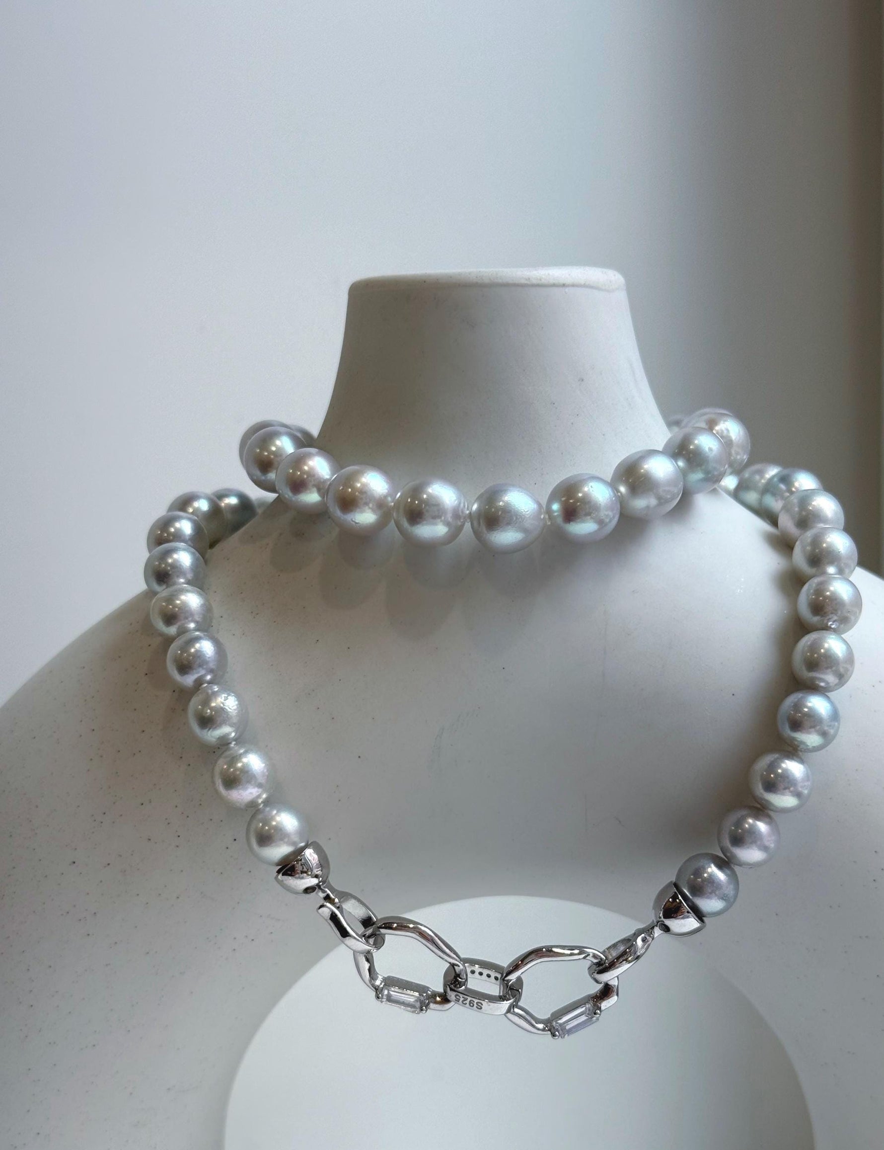 Elly’s 49pcs 7.4-8.4mm Akoya natural blue silver ocean pearls necklace strand, extreme luster mirrored, 18.5” knotted, S925 silver necklace. high quality Akoya pearls necklace strand for her
