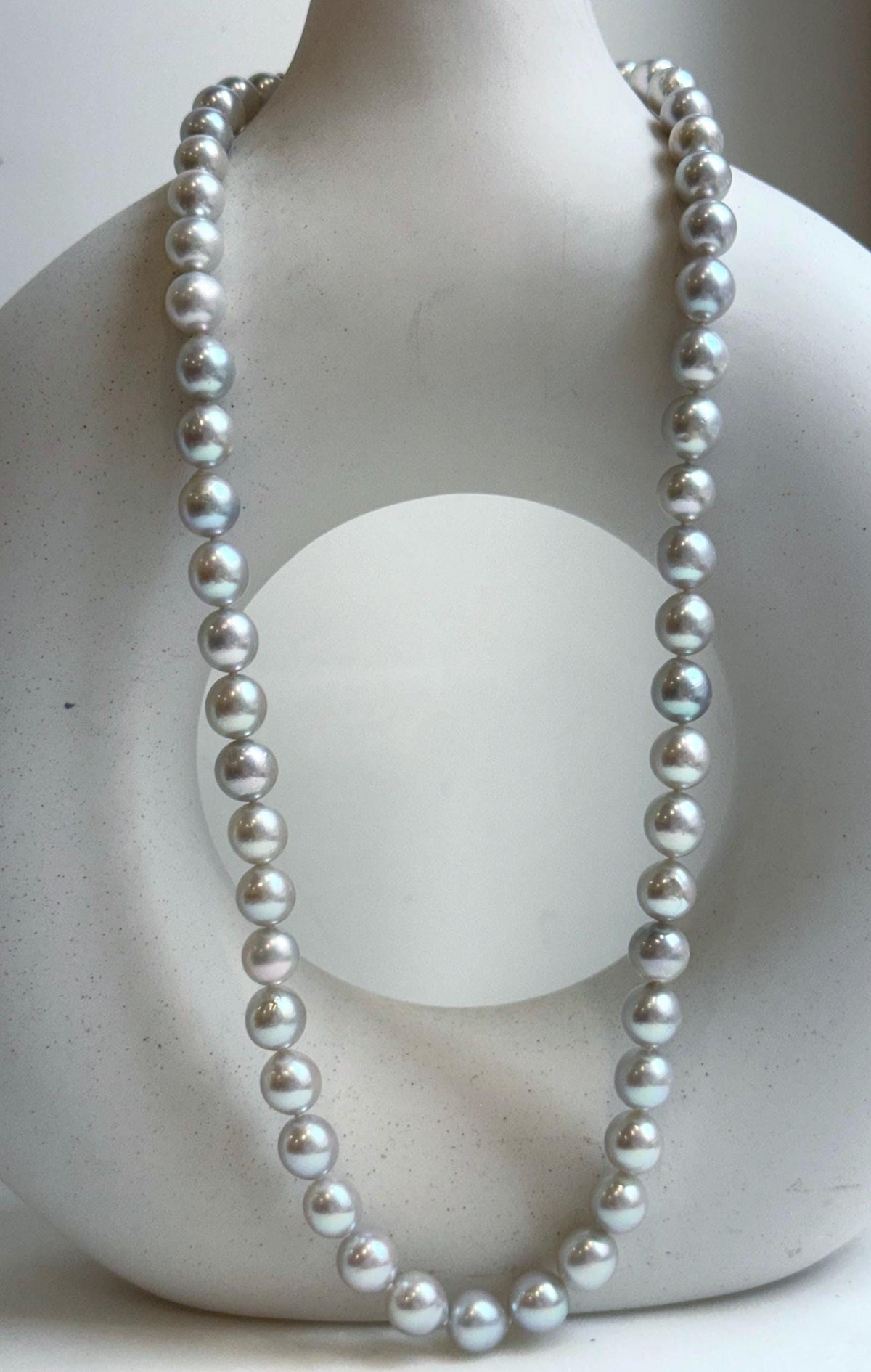 Elly’s 49pcs 7.4-8.4mm Akoya natural blue silver ocean pearls necklace strand, extreme luster mirrored, 18.5” knotted, S925 silver necklace. high quality Akoya pearls necklace strand for her