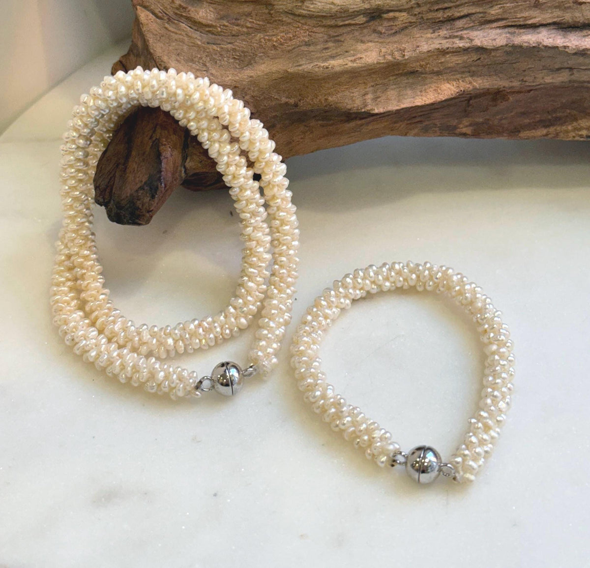 Elly’s Ivory rice Keshi Pearls Caterpillar Necklace Strand Bracelet Set: 2-3mm, thousand pearls, S925 silver magnetic clips. gift for her