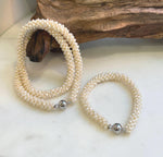 Elly’s Ivory rice Keshi Pearls Caterpillar Necklace Strand Bracelet Set: 2-3mm, thousand pearls, S925 silver magnetic clips. gift for her