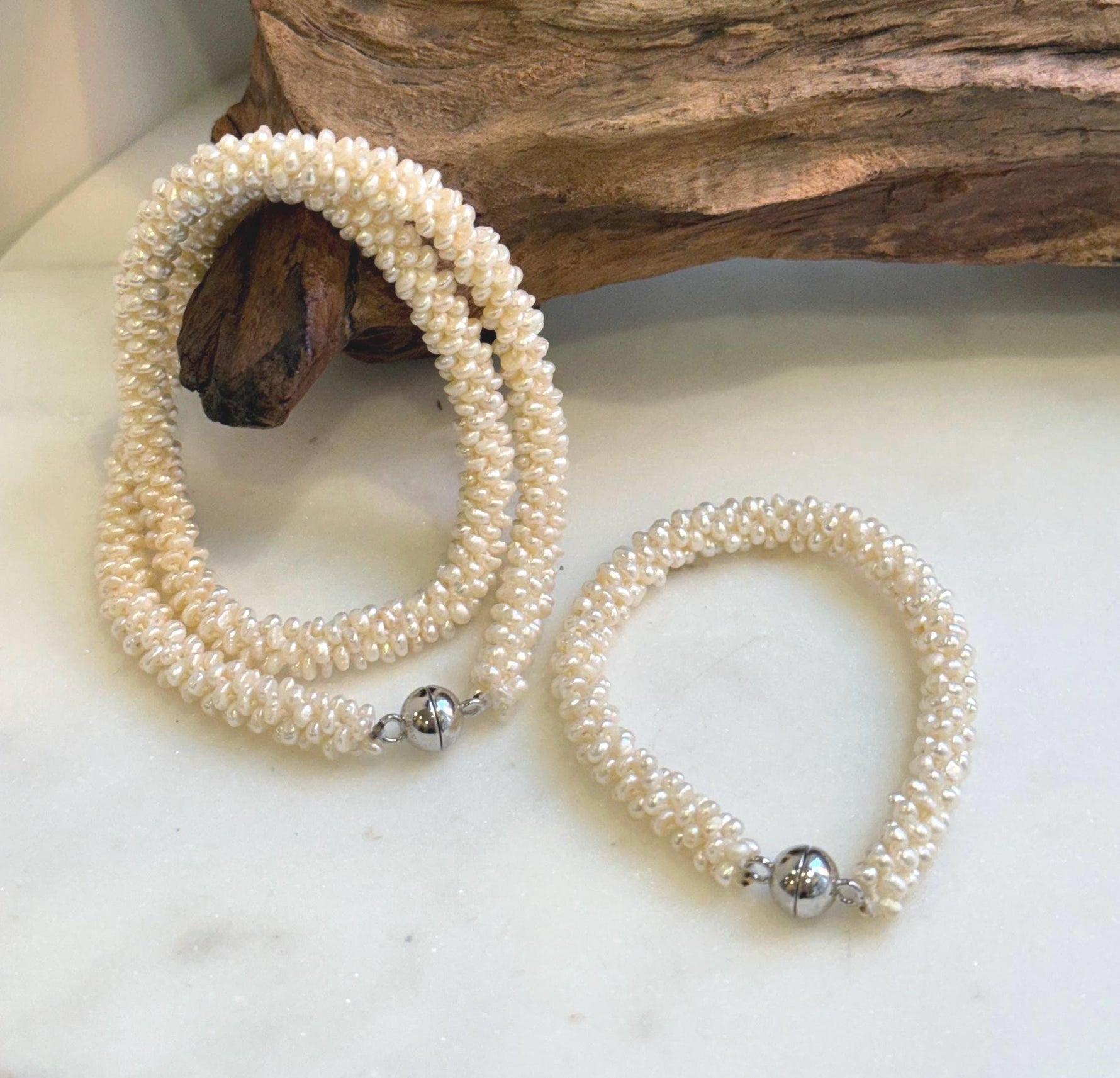 Elly’s Ivory rice Keshi Pearls Caterpillar Necklace Strand Bracelet Set: 2-3mm, thousand pearls, S925 silver magnetic clips. gift for her