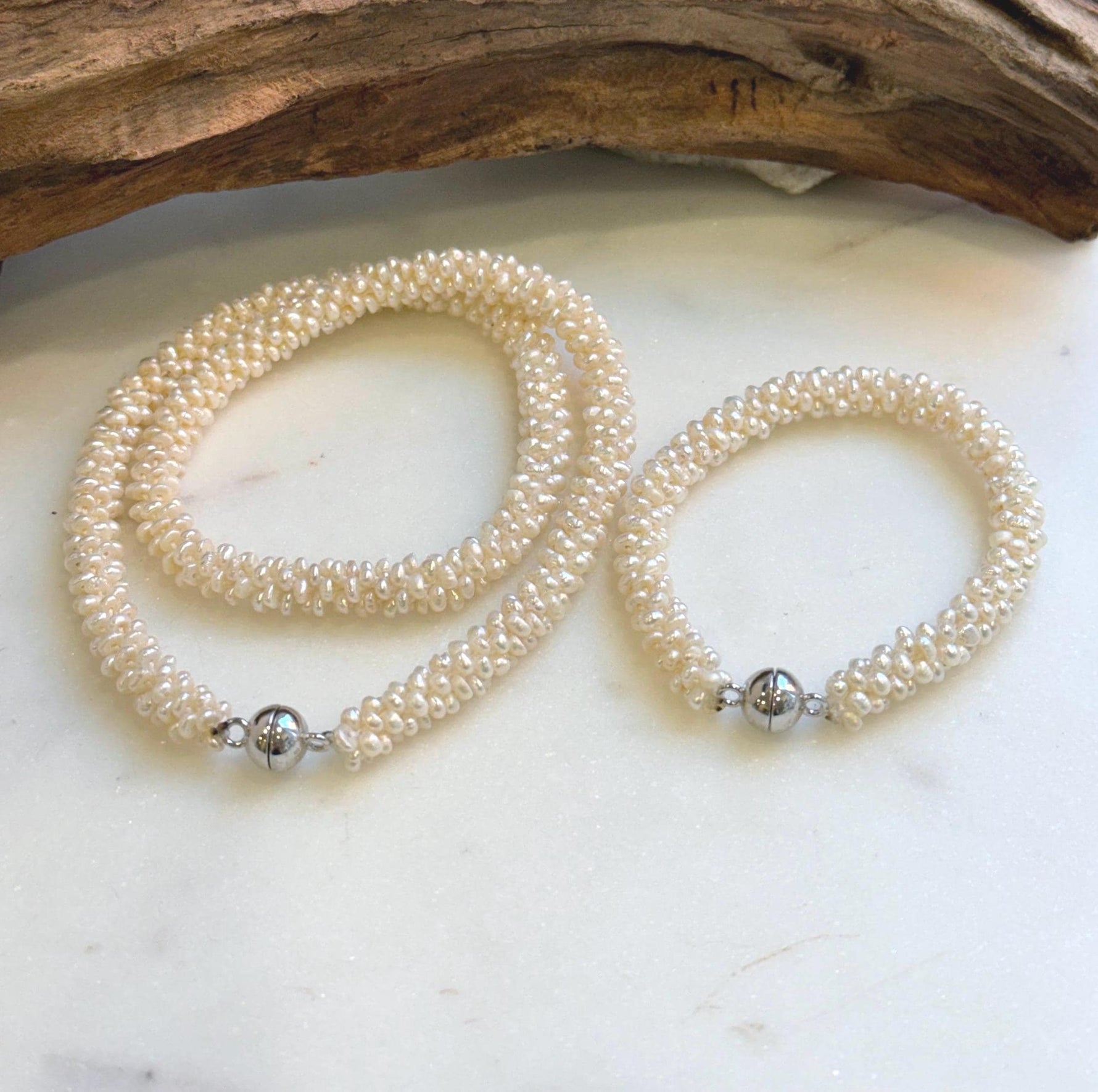 Elly’s Ivory rice Keshi Pearls Caterpillar Necklace Strand Bracelet Set: 2-3mm, thousand pearls, S925 silver magnetic clips. gift for her