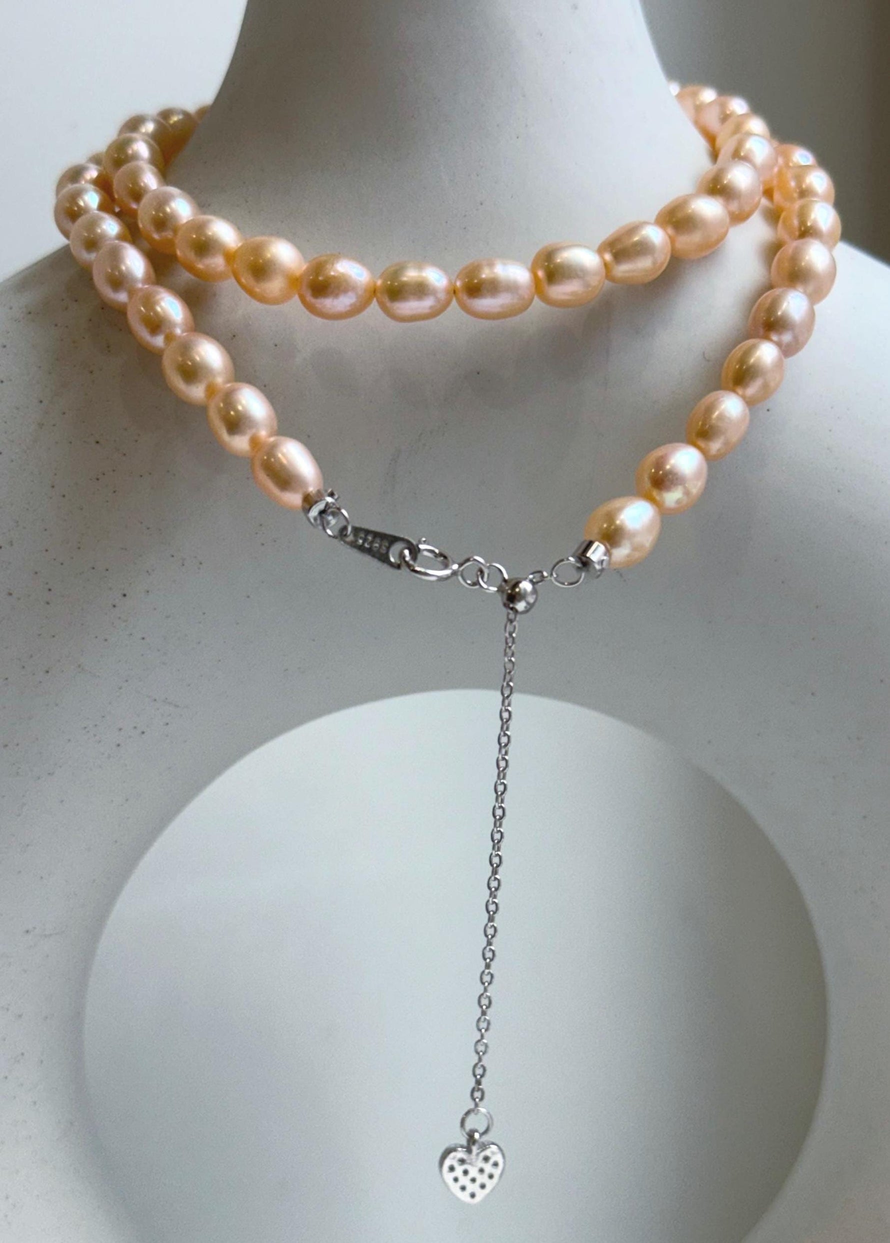 Elly’s 5.7-6mm Freshwater peach gold Pearls Necklace Strand: Extreme luster mirrored, to 18.1”, S925 silver necklace. gift for her