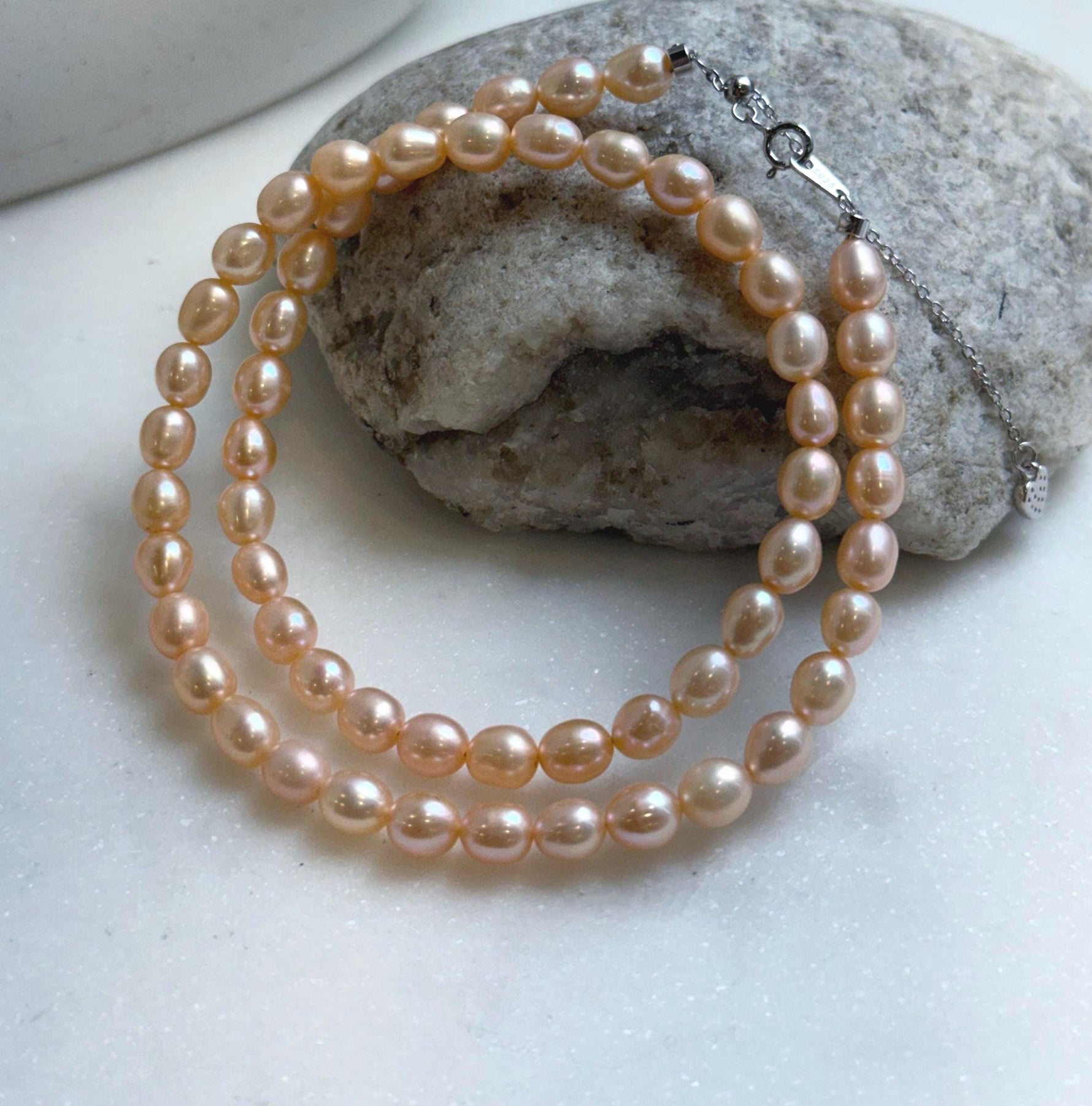 Elly’s 5.7-6mm Freshwater peach gold Pearls Necklace Strand: Extreme luster mirrored, to 18.1”, S925 silver necklace. gift for her