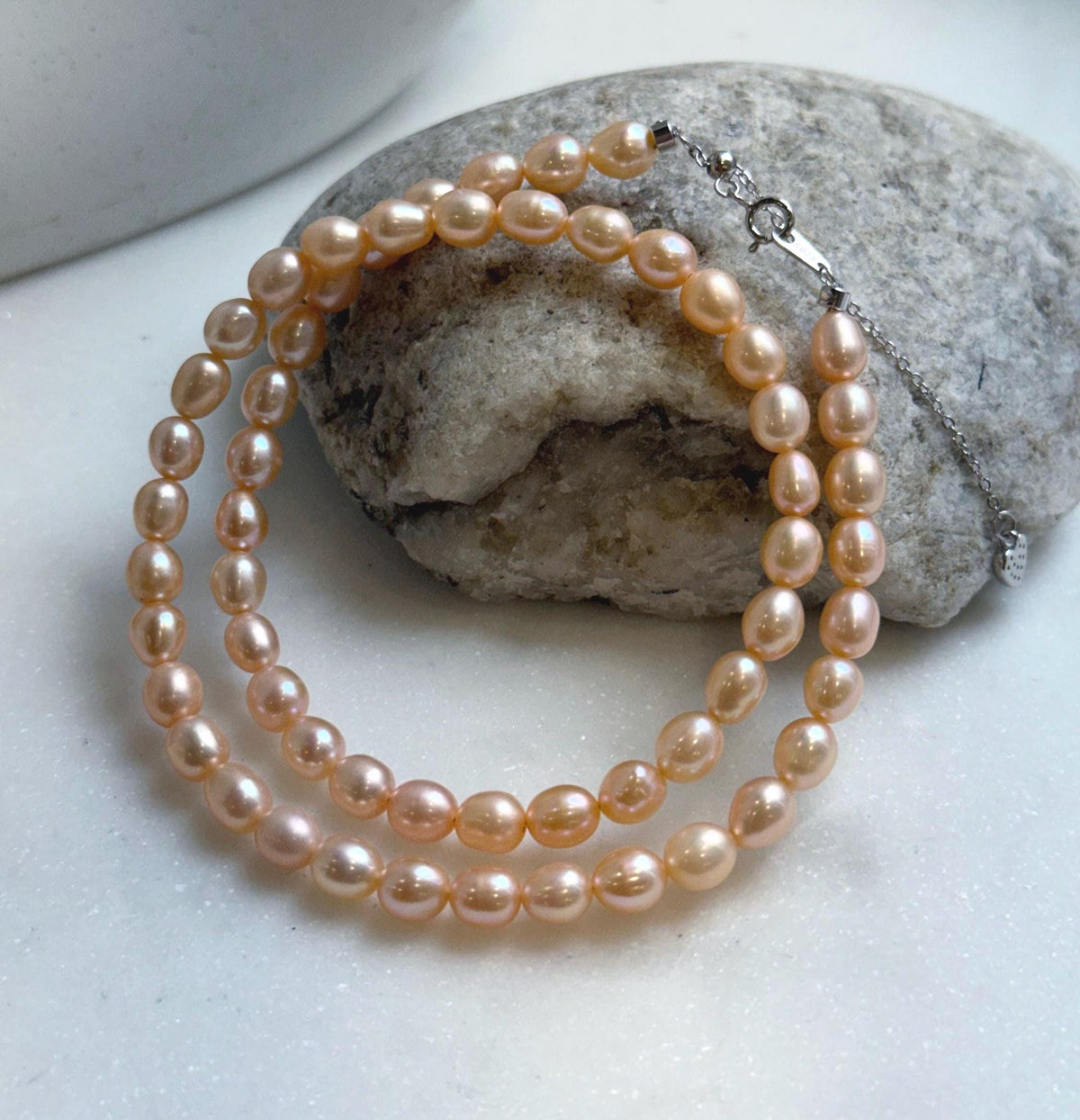 Elly’s 5.7-6mm Freshwater peach gold Pearls Necklace Strand: Extreme luster mirrored, to 18.1”, S925 silver necklace. gift for her