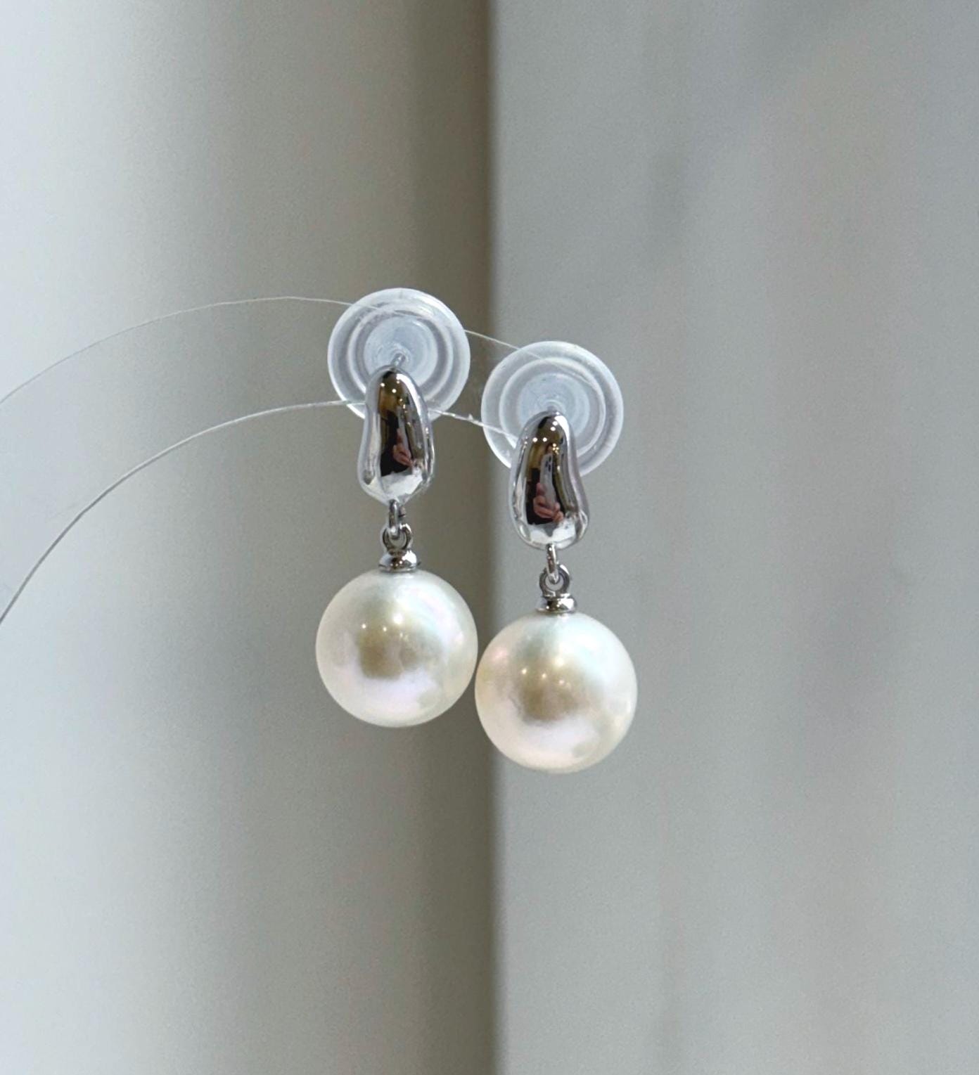Elly’s 10.9mm Edison white Pearls Earrings: Extreme luster Mirrored, 2.4cm high, S925 silver minimalist earrings. gift for her daily office earrings