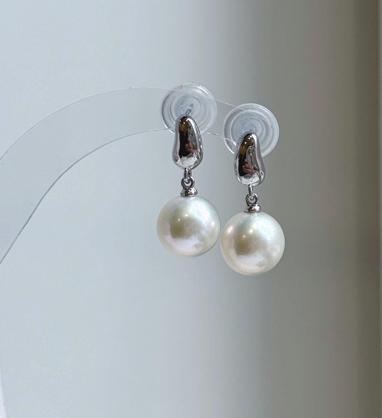 Elly’s 10.9mm Edison white Pearls Earrings: Extreme luster Mirrored, 2.4cm high, S925 silver minimalist earrings. gift for her daily office earrings
