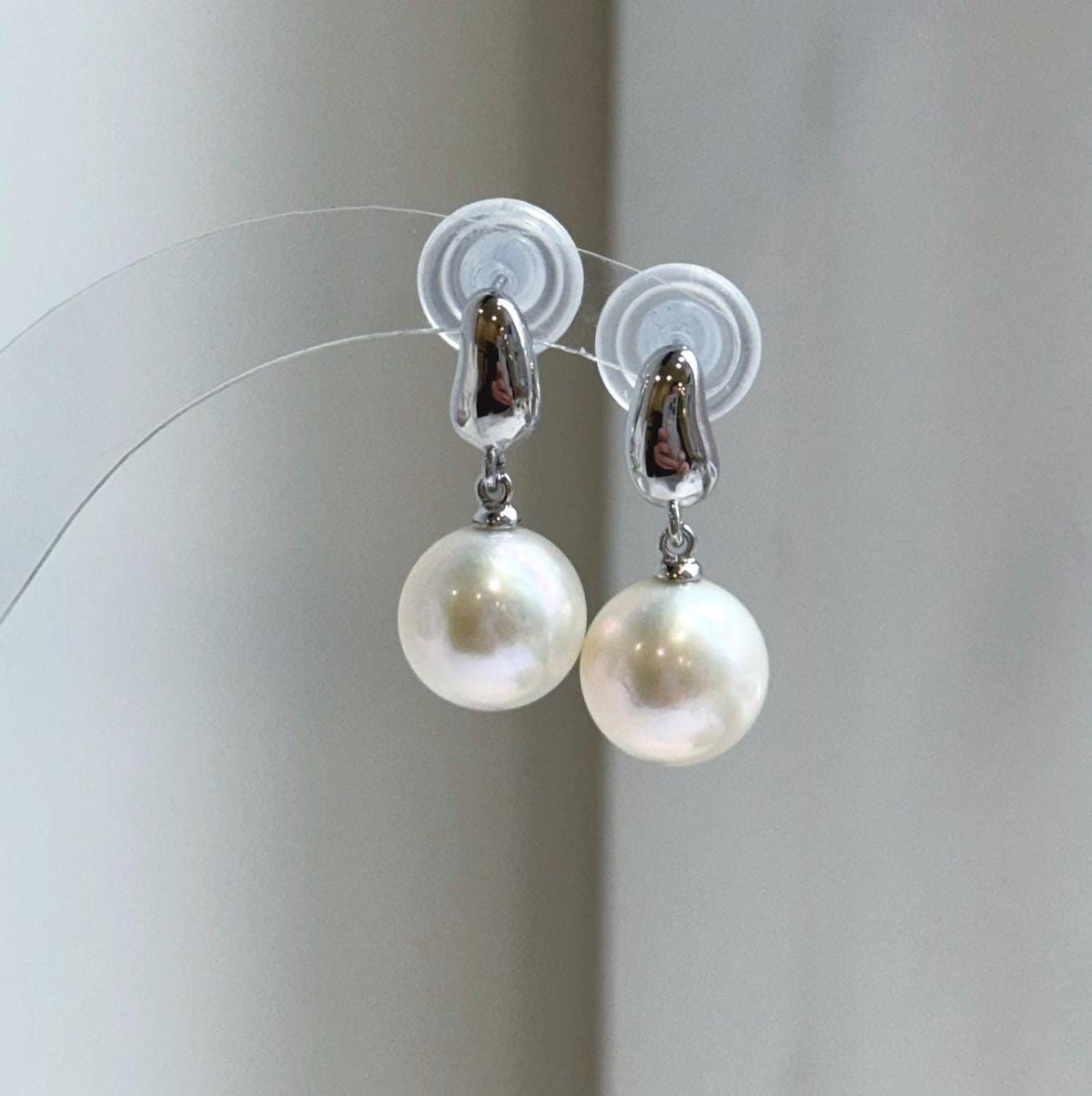 Elly’s 10.9mm Edison white Pearls Earrings: Extreme luster Mirrored, 2.4cm high, S925 silver minimalist earrings. gift for her daily office earrings