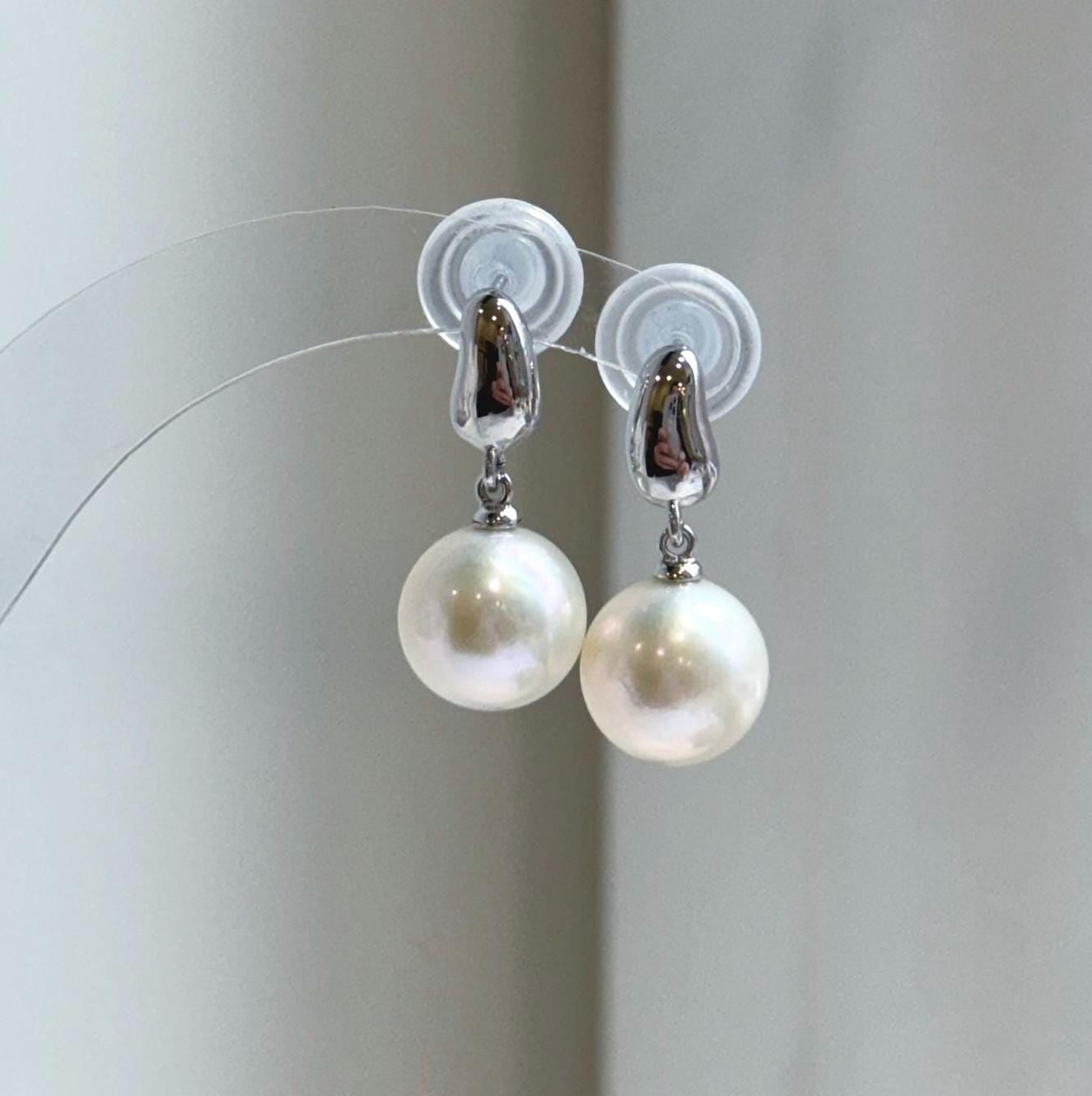 Elly’s 10.9mm Edison white Pearls Earrings: Extreme luster Mirrored, 2.4cm high, S925 silver minimalist earrings. gift for her daily office earrings