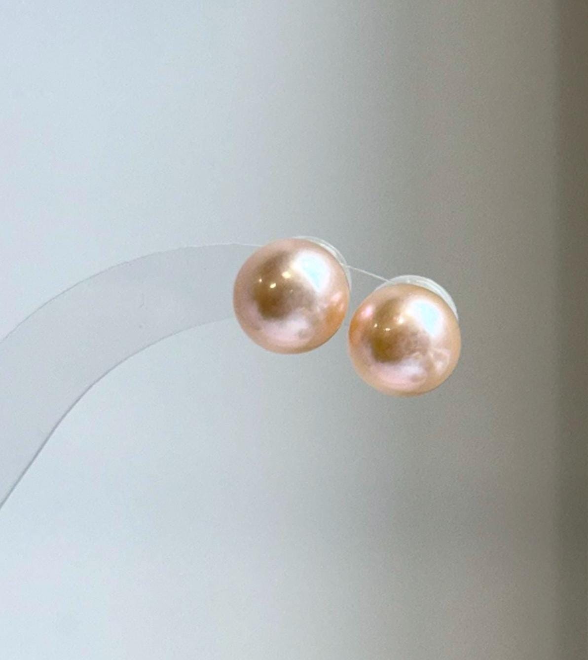 Elly’s 11.3mm Peach Gold Pearls Earrings Studs: Extreme luster Mirrored, S925 silver minimalist earrings.