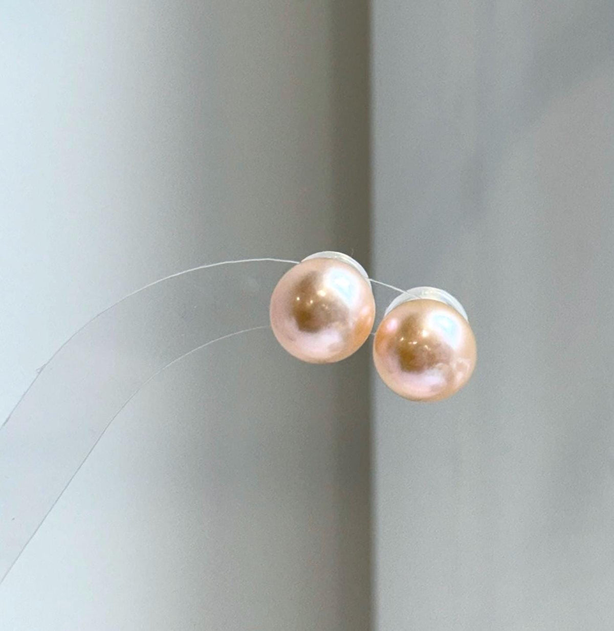 Elly’s 11.3mm Peach Gold Pearls Earrings Studs: Extreme luster Mirrored, S925 silver minimalist earrings.