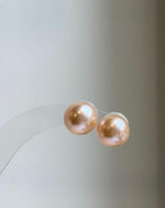 Elly’s 11.3mm Peach Gold Pearls Earrings Studs: Extreme luster Mirrored, S925 silver minimalist earrings.
