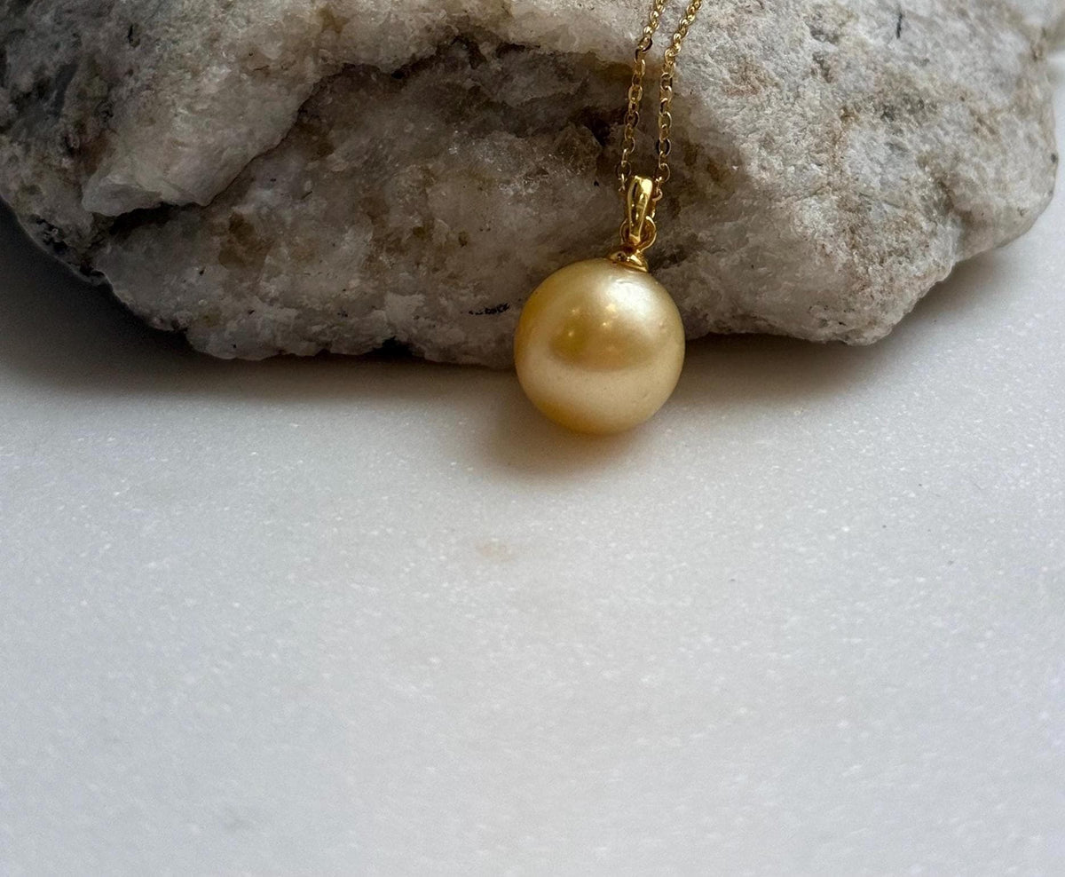 Elly’s 11.8mm Genius South sea ultra gold ocean pearl Pendant: Extreme luster, 2cm high, s925 silver minimalist daily pendant. gift for her