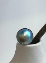 Elly’s 20.4mm Blue iridescent Ocean Round Mabe Pearl Ring: Extreme luster, 2.2cm dia, S925 Silver base adjustable Ring.