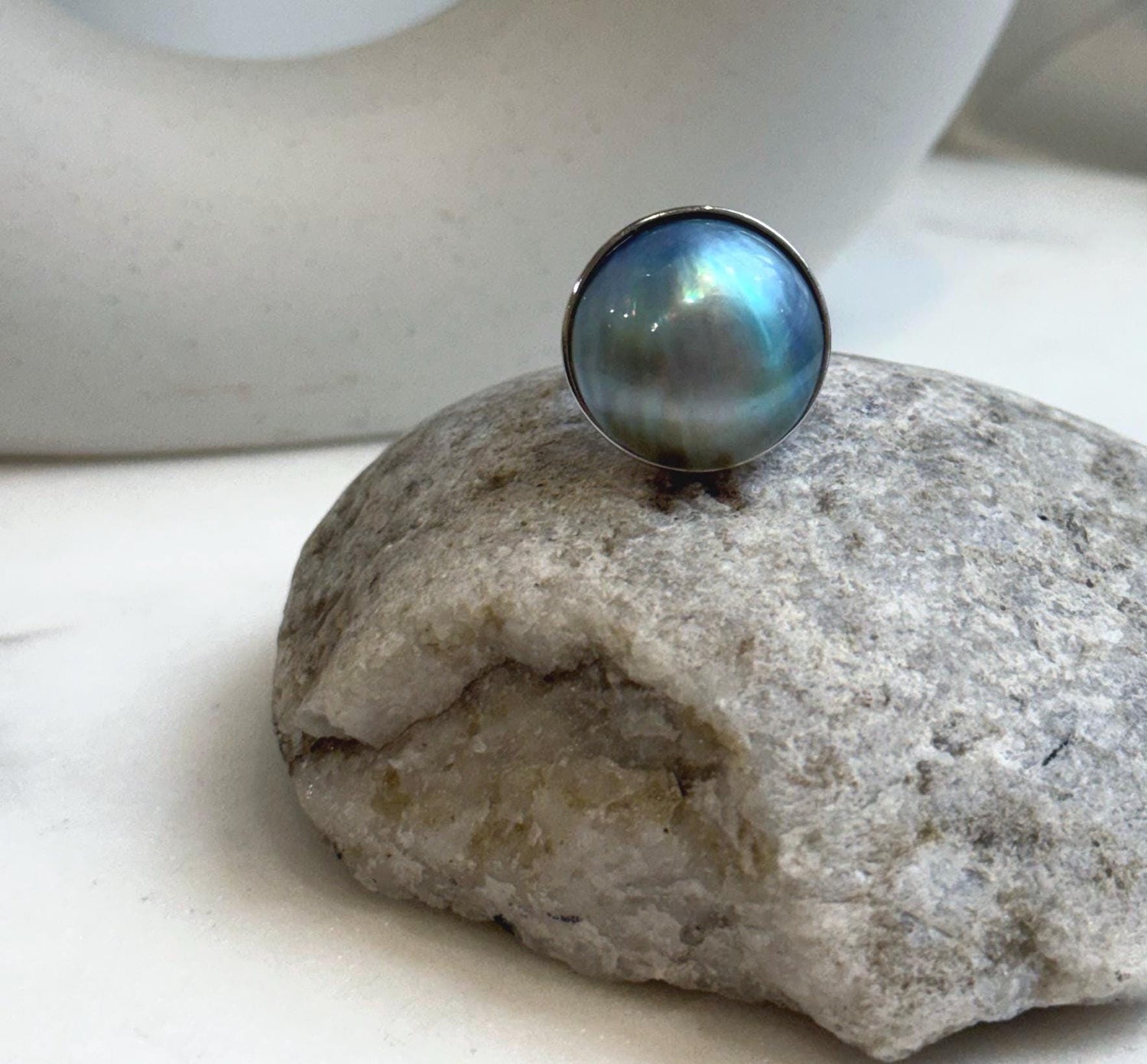 Elly’s 20.4mm Blue iridescent Ocean Round Mabe Pearl Ring: Extreme luster, 2.2cm dia, S925 Silver base adjustable Ring.