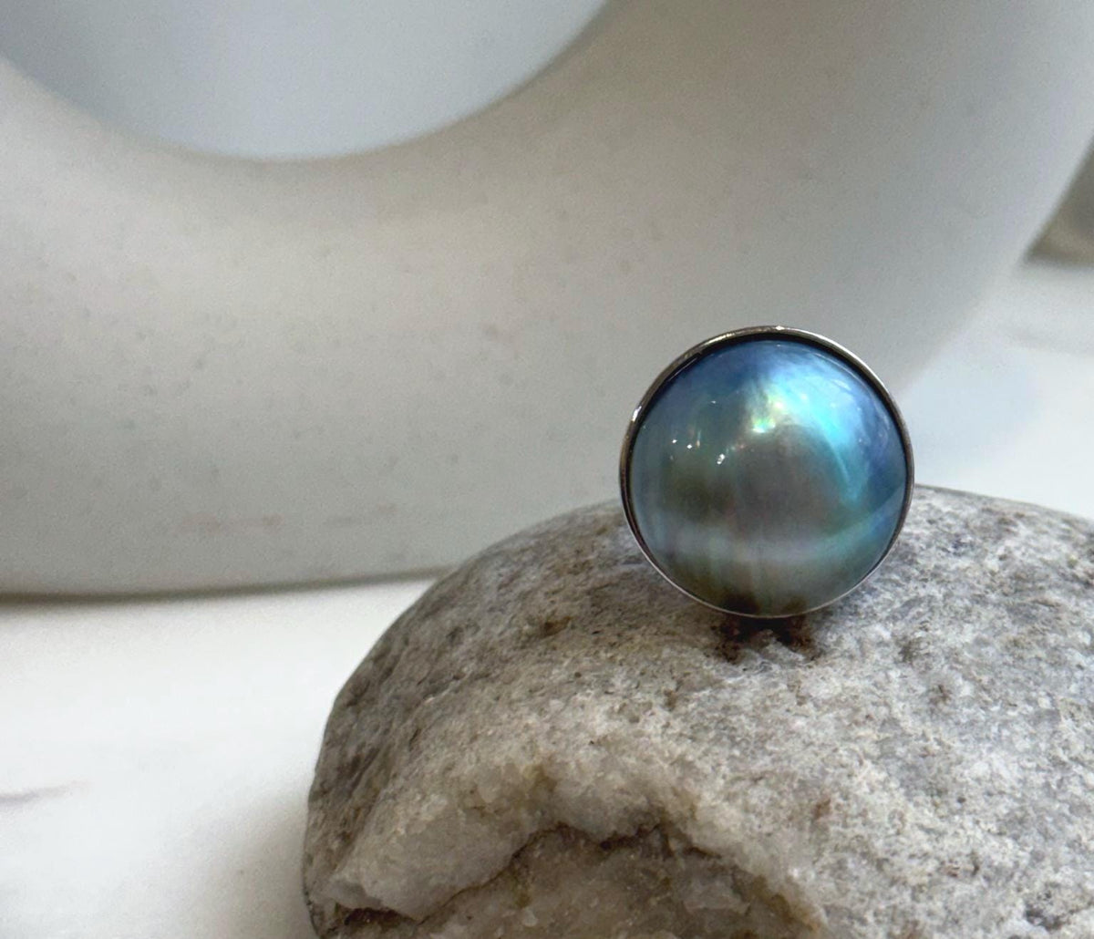 Elly’s 20.4mm Blue iridescent Ocean Round Mabe Pearl Ring: Extreme luster, 2.2cm dia, S925 Silver base adjustable Ring.