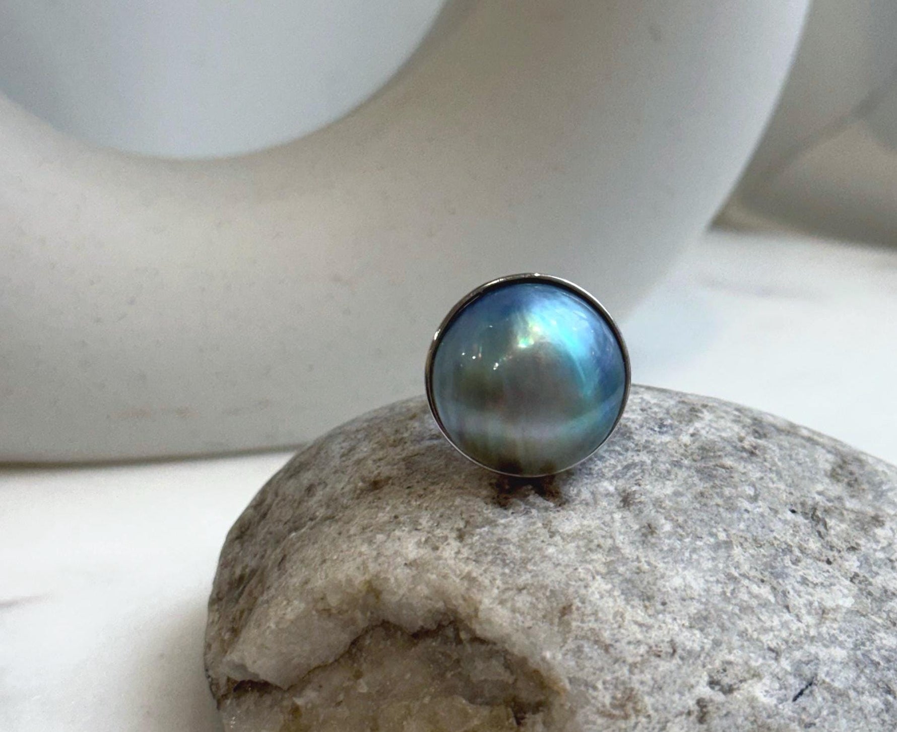 Elly’s 20.4mm Blue iridescent Ocean Round Mabe Pearl Ring: Extreme luster, 2.2cm dia, S925 Silver base adjustable Ring.