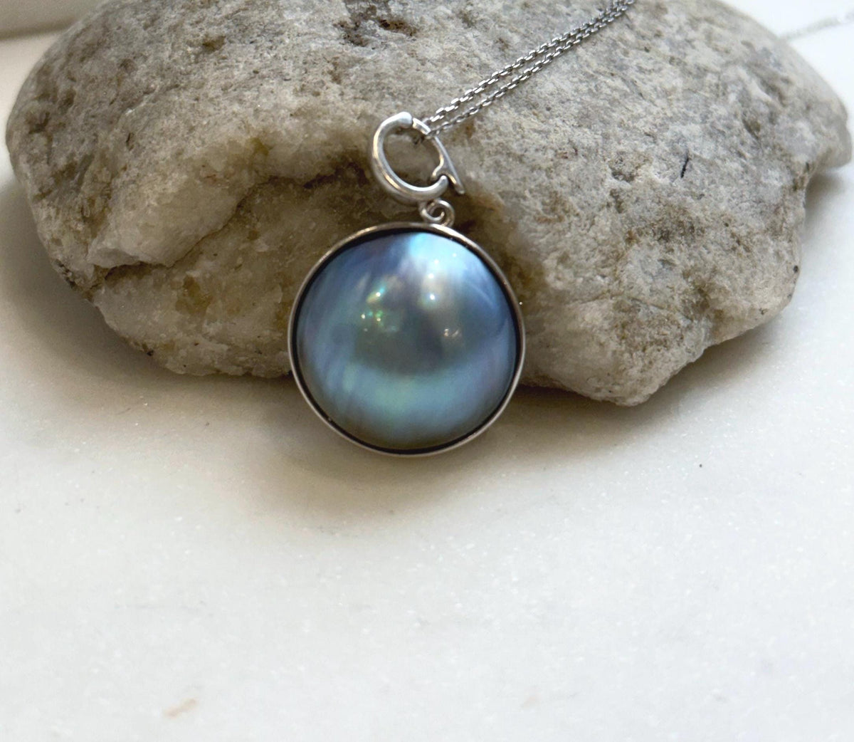 Elly’s 21.2mm blue iridescent Ocean Round Mabe Pearl Pendant: Extreme luster, S925 Silver base pendant Necklace Set. gift for her