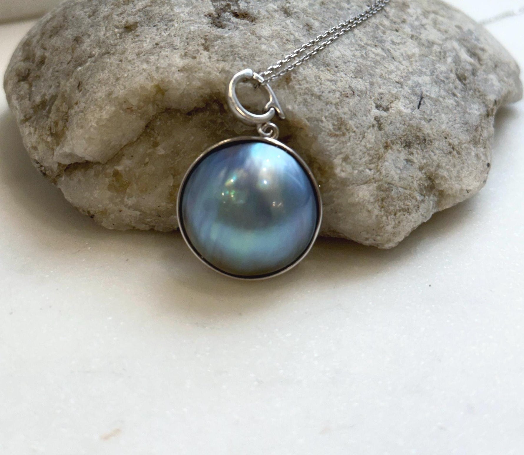 Elly’s 21.2mm blue iridescent Ocean Round Mabe Pearl Pendant: Extreme luster, S925 Silver base pendant Necklace Set. gift for her