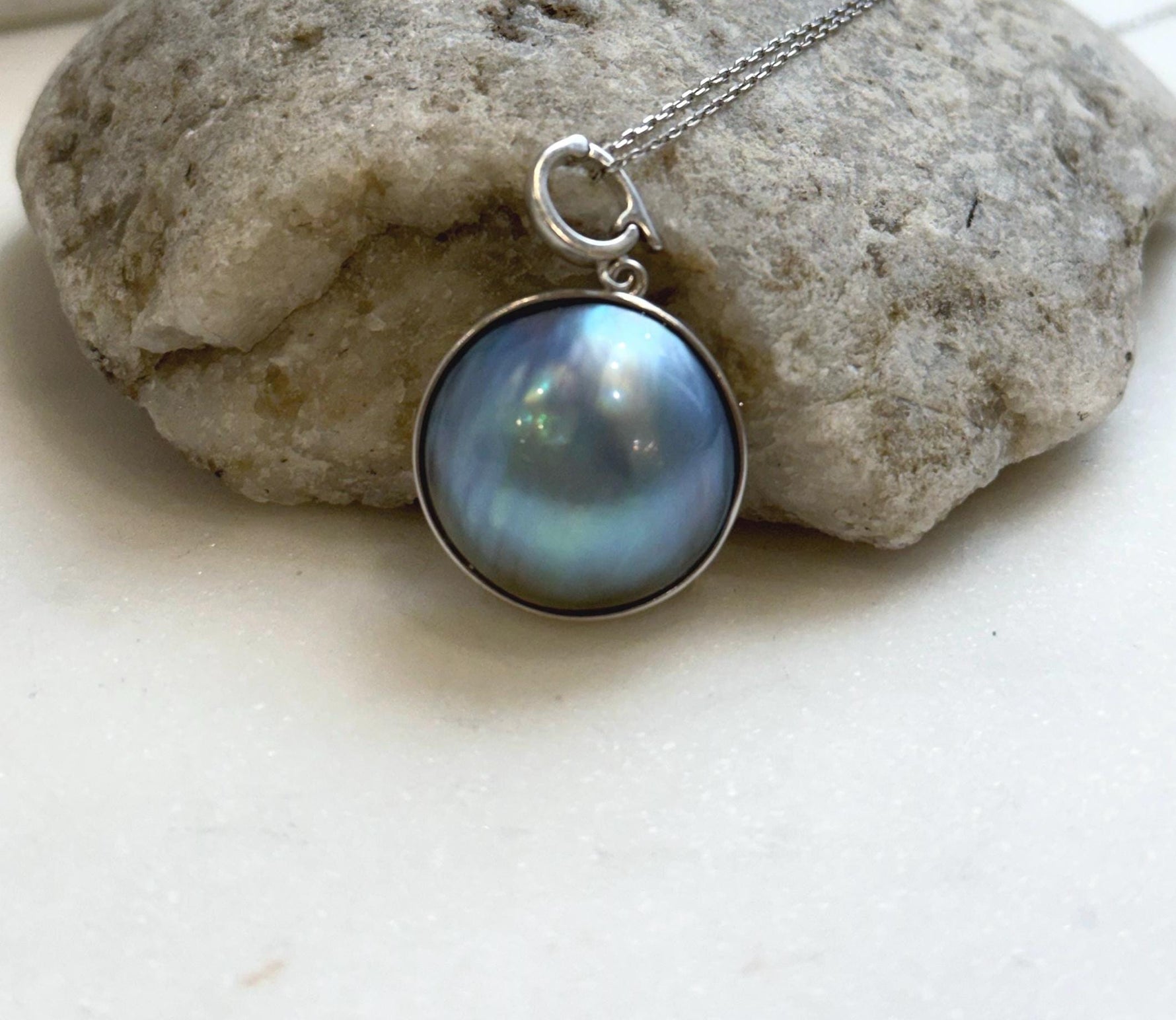 Elly’s 21.2mm blue iridescent Ocean Round Mabe Pearl Pendant: Extreme luster, S925 Silver base pendant Necklace Set. gift for her