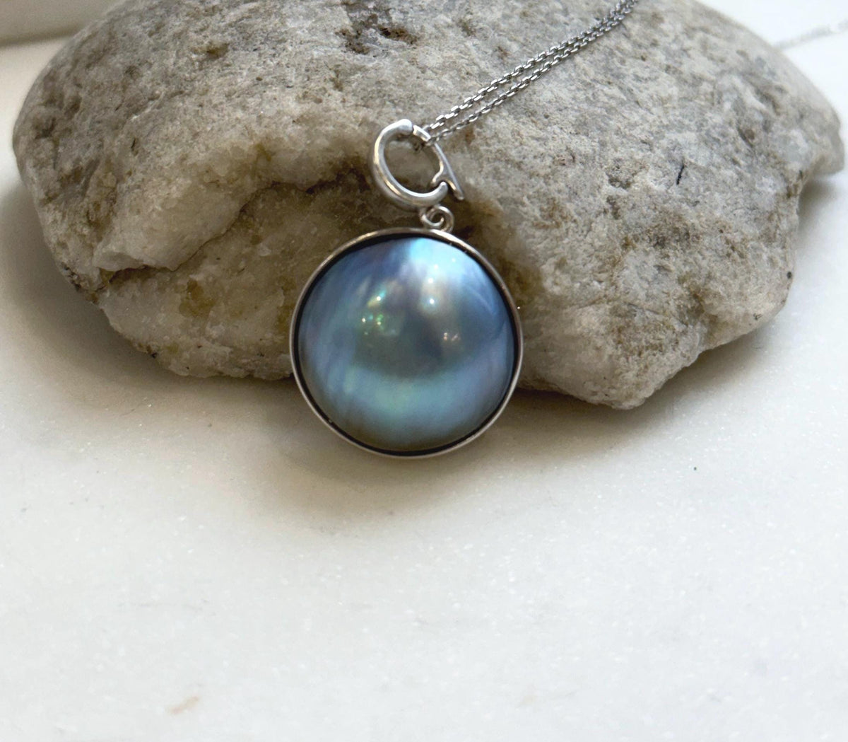 Elly’s 21.2mm blue iridescent Ocean Round Mabe Pearl Pendant: Extreme luster, S925 Silver base pendant Necklace Set. gift for her