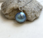 Elly’s 21.2mm blue iridescent Ocean Round Mabe Pearl Pendant: Extreme luster, S925 Silver base pendant Necklace Set. gift for her