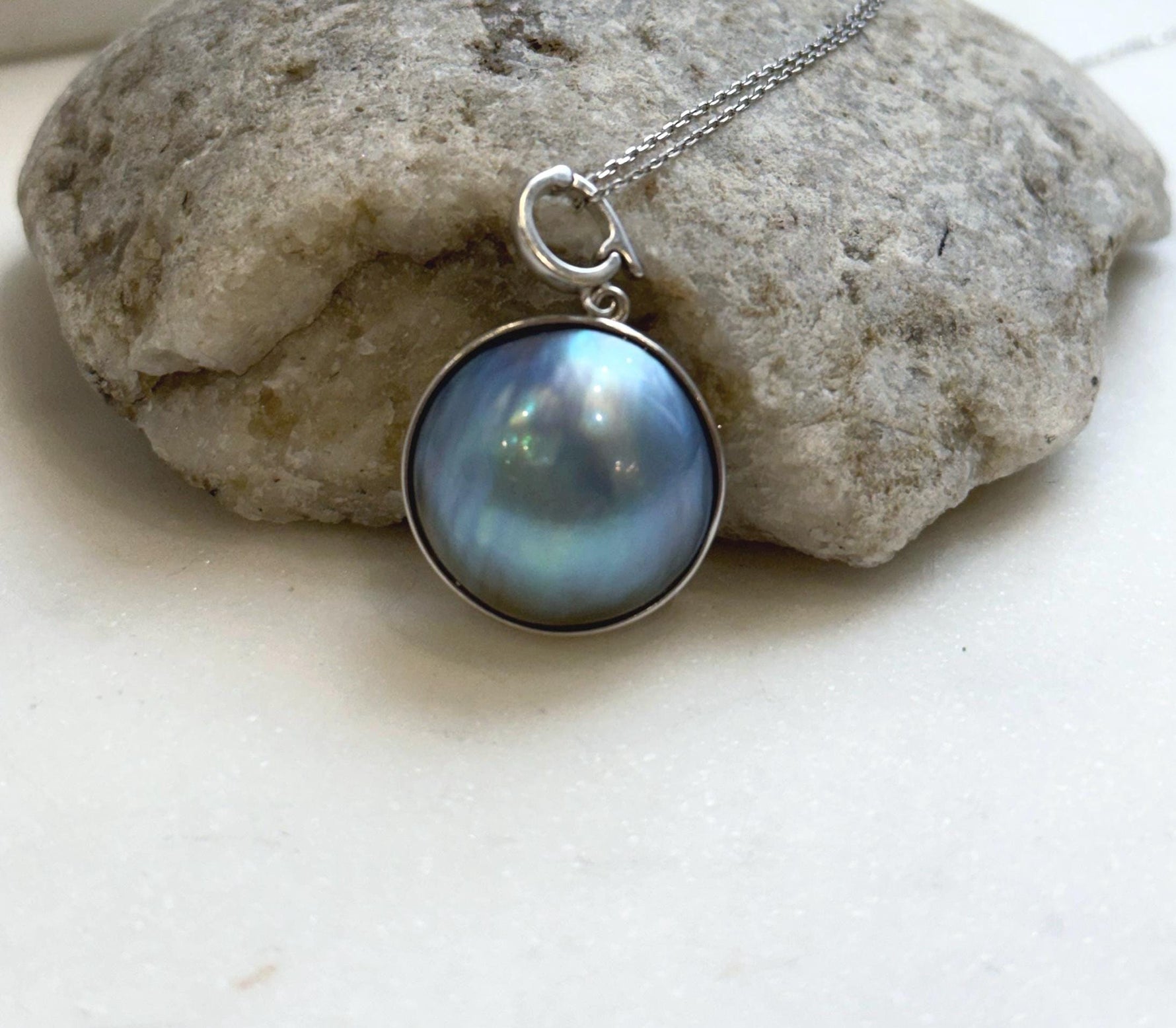 Elly’s 21.2mm blue iridescent Ocean Round Mabe Pearl Pendant: Extreme luster, S925 Silver base pendant Necklace Set. gift for her