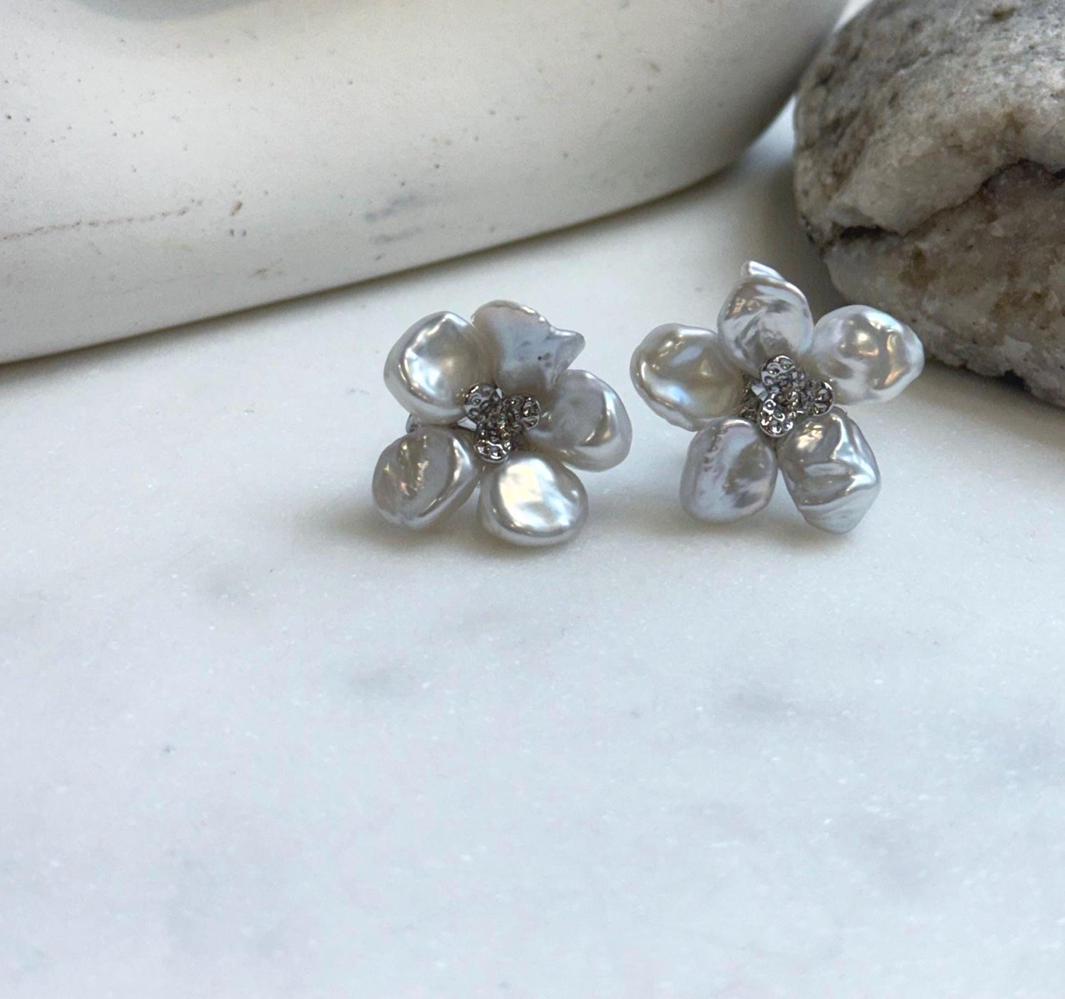 Elly’s freshwater white iridescent petal Keshi pearls Floral earrings:  2.2cm dia, S925 silver earrings studs.