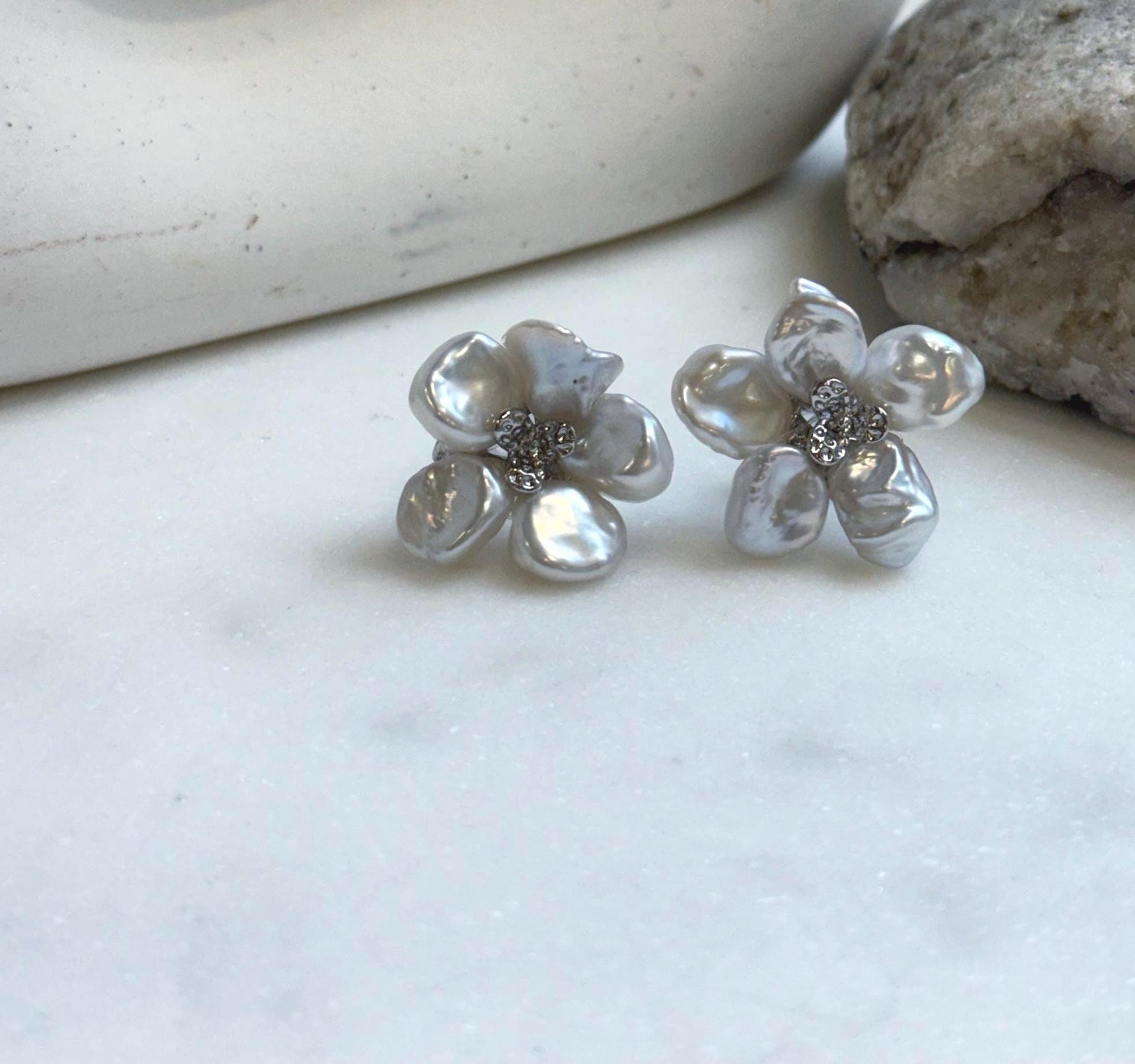 Elly’s freshwater white iridescent petal Keshi pearls Floral earrings:  2.2cm dia, S925 silver earrings studs.