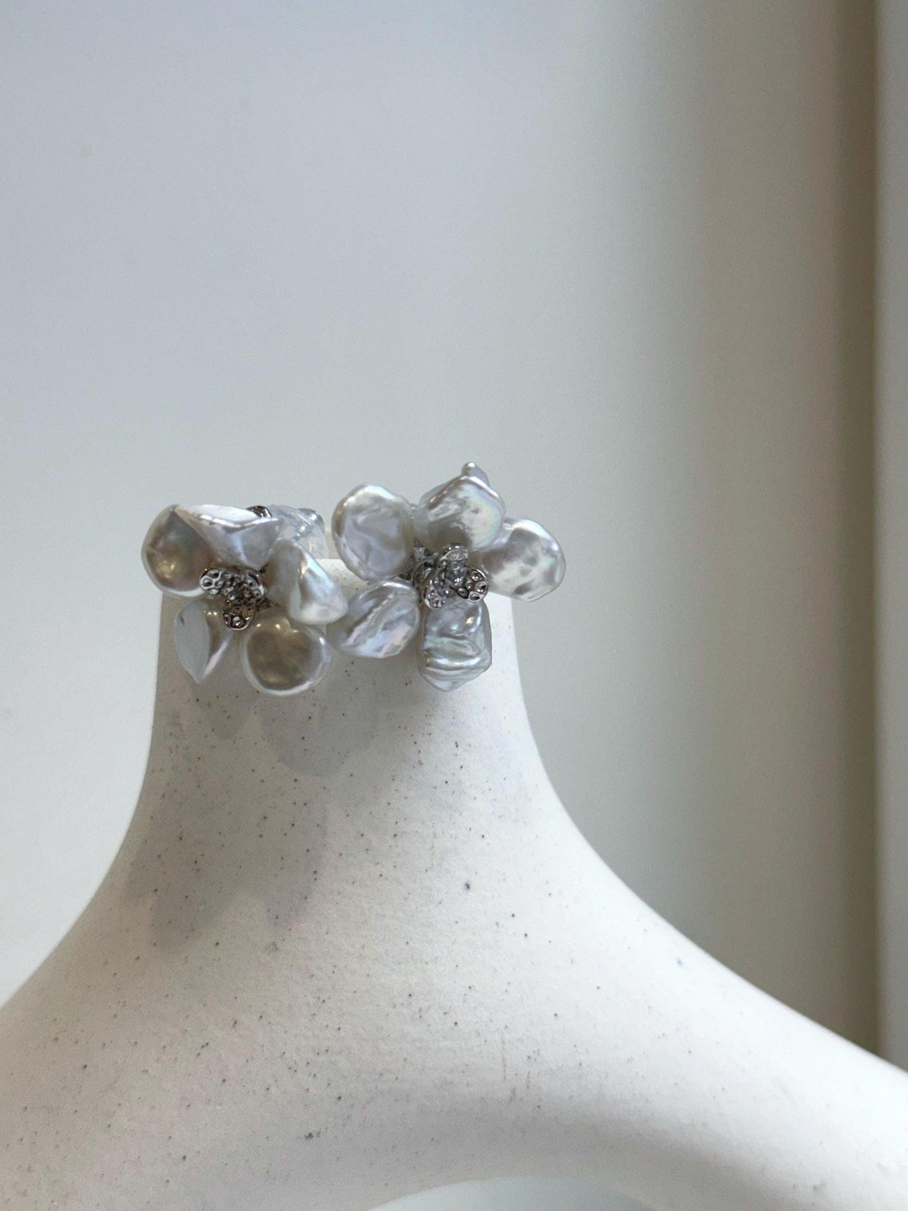 Elly’s freshwater white iridescent petal Keshi pearls Floral earrings:  2.2cm dia, S925 silver earrings studs.