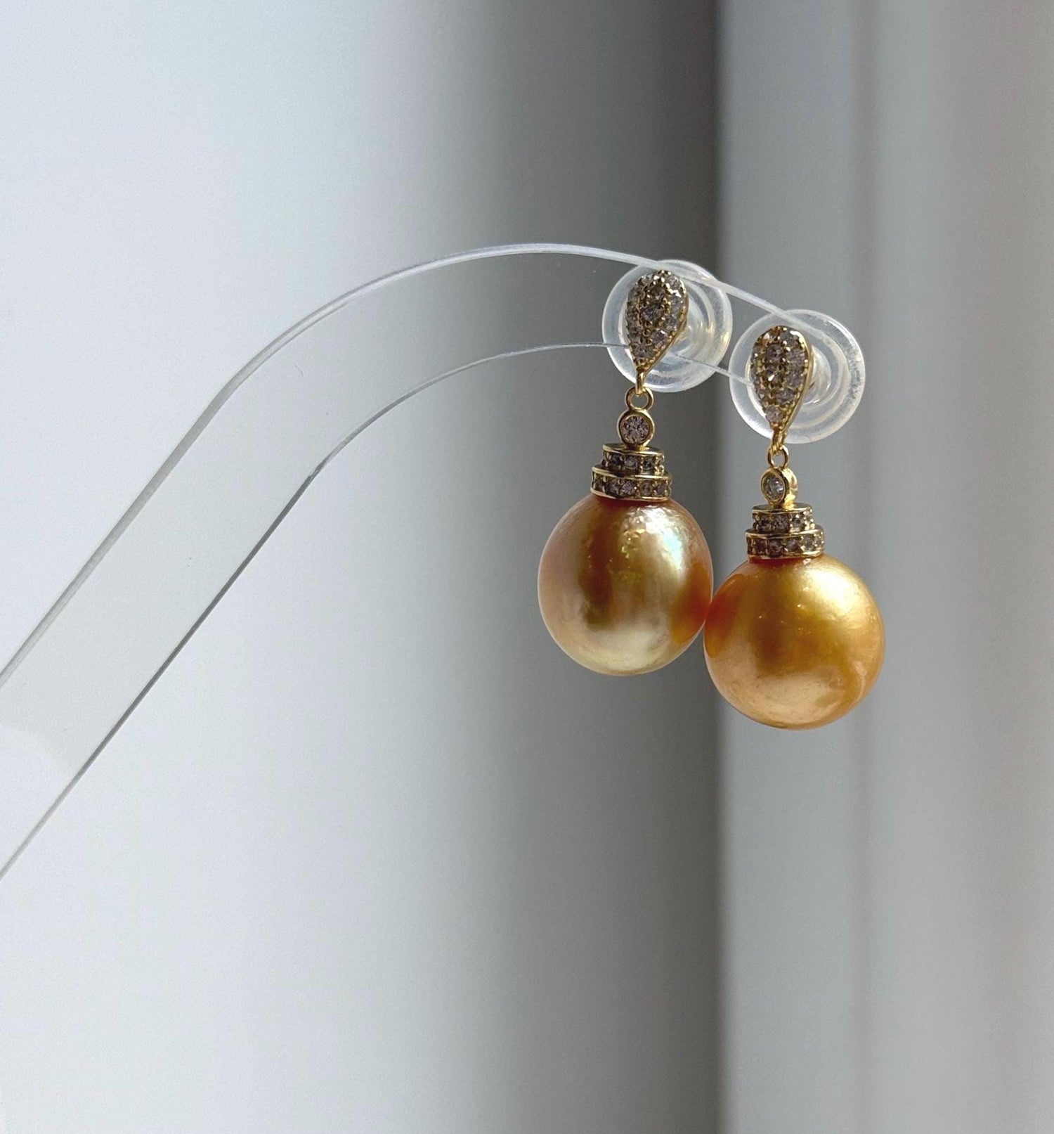 Elly’s 12.8mm Genius South sea deep golden ocean Pearls Earring: Extreme luster, 2.9cm high, S925 silver cool earrings.