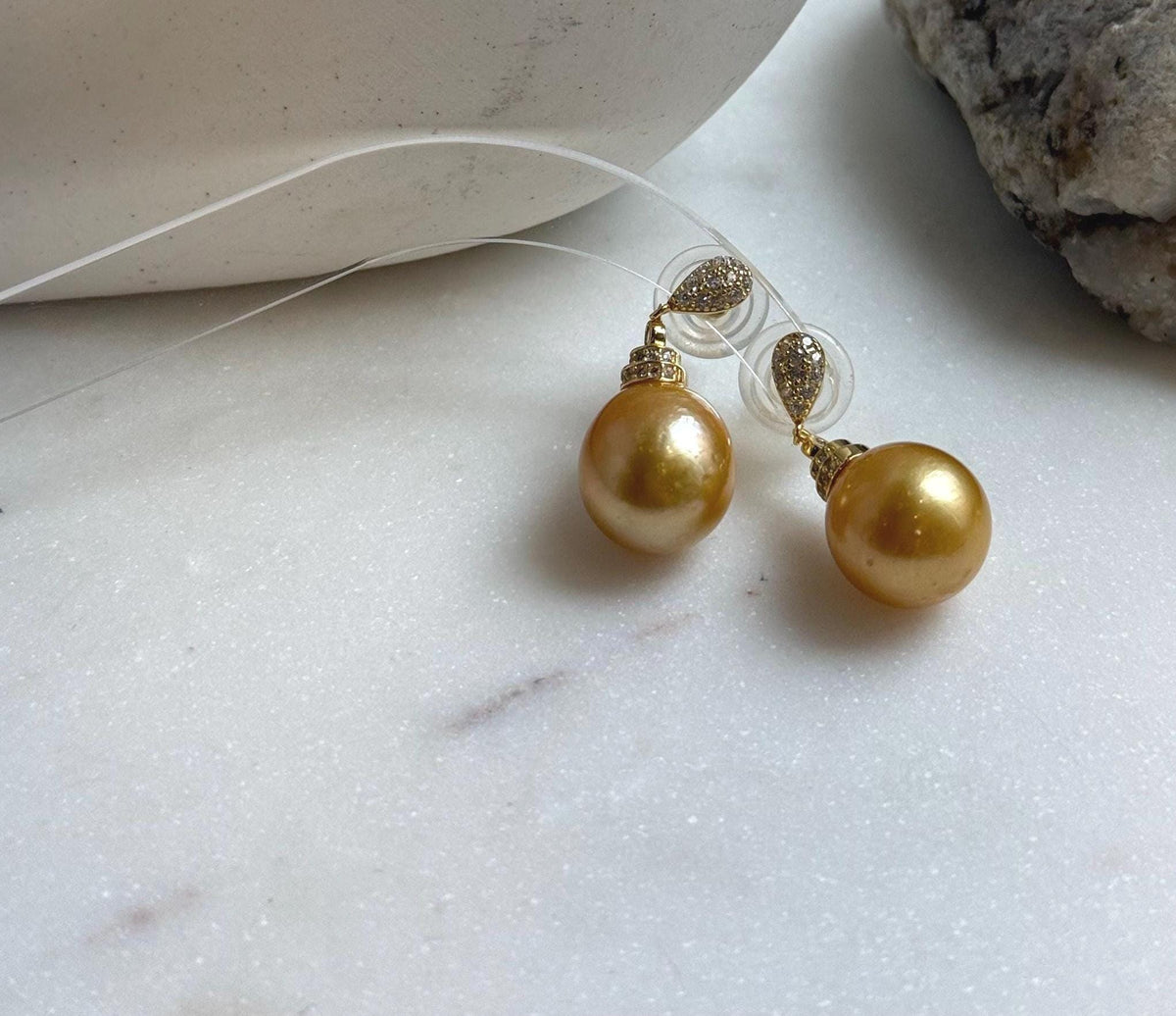 Elly’s 12.8mm Genius South sea deep golden ocean Pearls Earring: Extreme luster, 2.9cm high, S925 silver cool earrings.