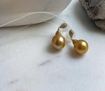 Elly’s 12.8mm Genius South sea deep golden ocean Pearls Earring: Extreme luster, 2.9cm high, S925 silver cool earrings.