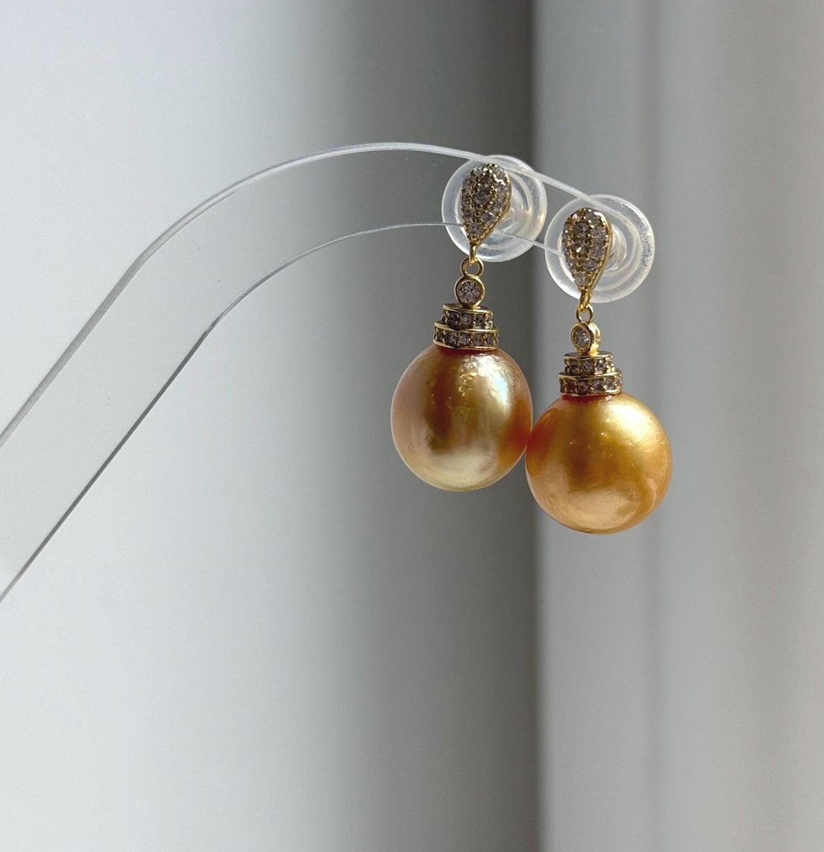 Elly’s 12.8mm Genius South sea deep golden ocean Pearls Earring: Extreme luster, 2.9cm high, S925 silver cool earrings.