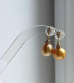 Elly’s 12.8mm Genius South sea deep golden ocean Pearls Earring: Extreme luster, 2.9cm high, S925 silver cool earrings.