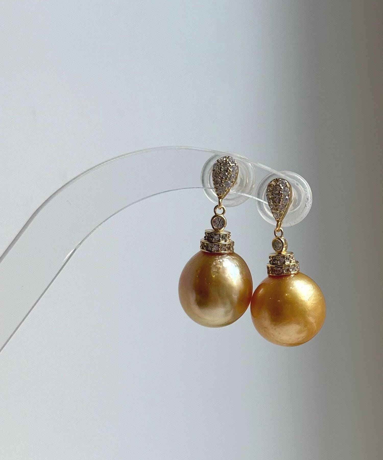 Elly’s 12.8mm Genius South sea deep golden ocean Pearls Earring: Extreme luster, 2.9cm high, S925 silver cool earrings.